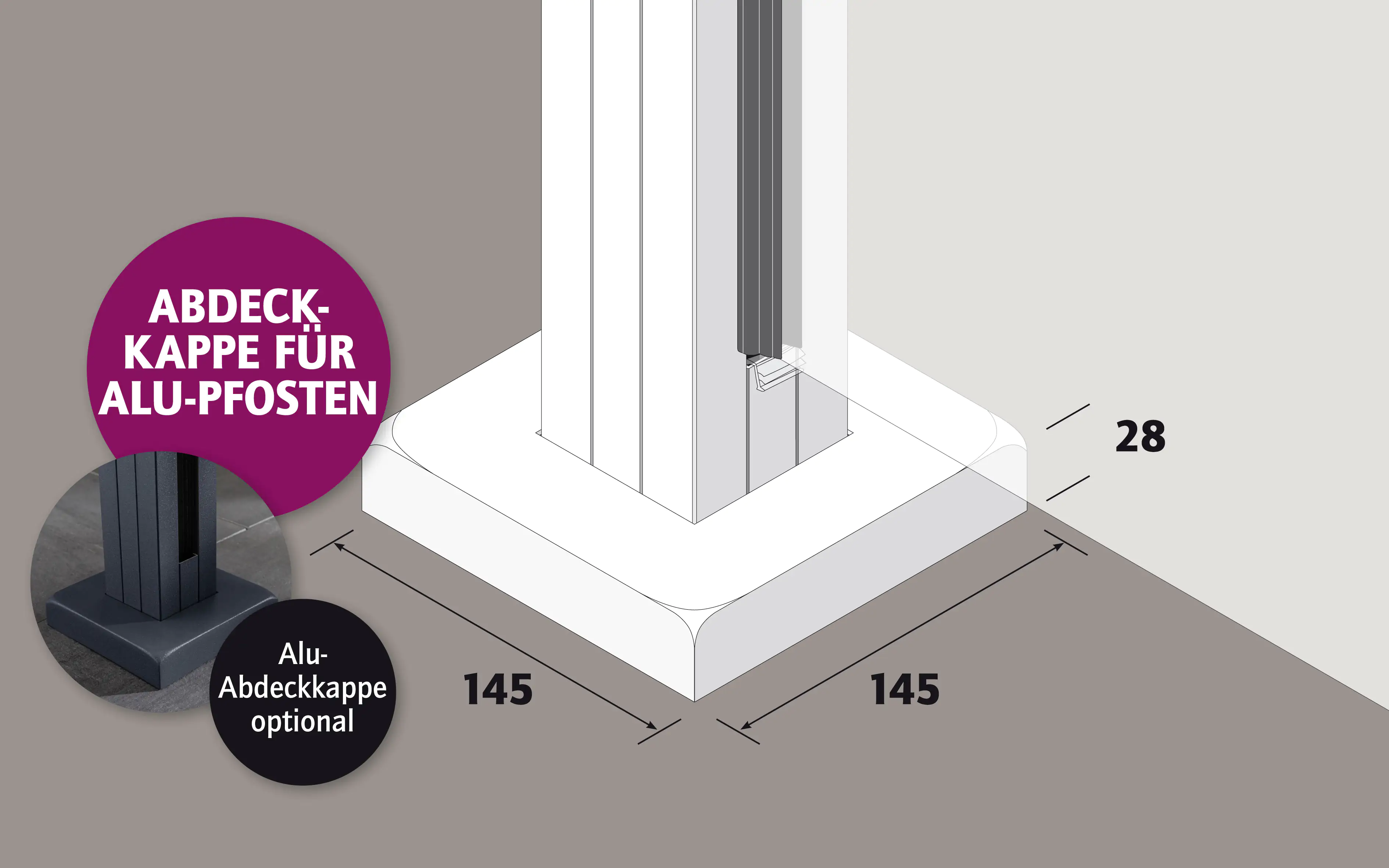 Ambiente Aluminium Abdeckkappe unten B x H: 14,5 cm x 14,5 cm, 28 mm stark