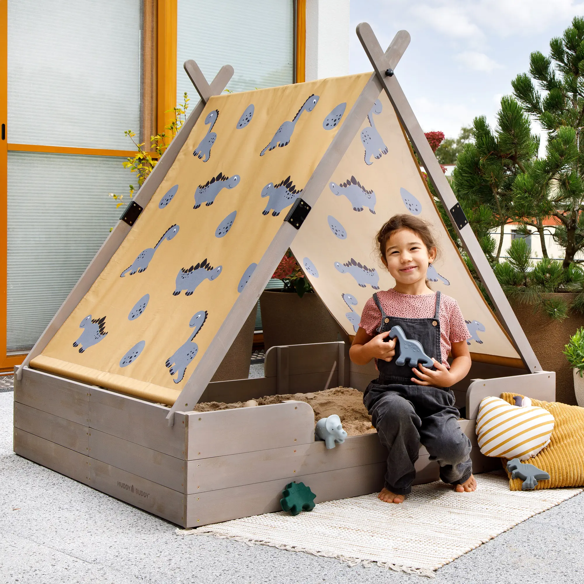 Muddy Buddy Sandkasten mit Zelt Dino Lover 140 x 120 x 140 cm