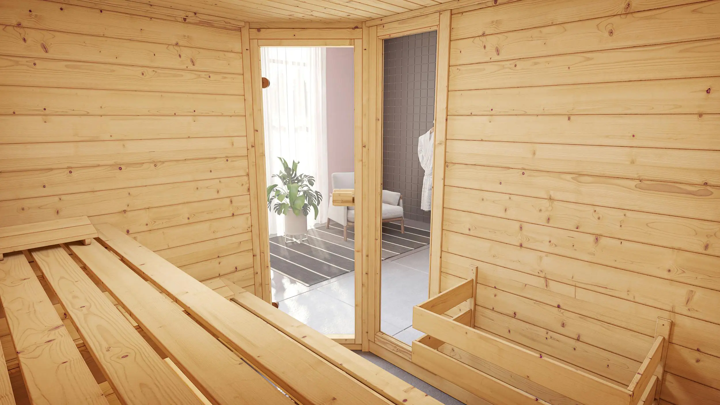 Weka Massivholzsauna Valida Eck 3 mit Glastür und Fenster