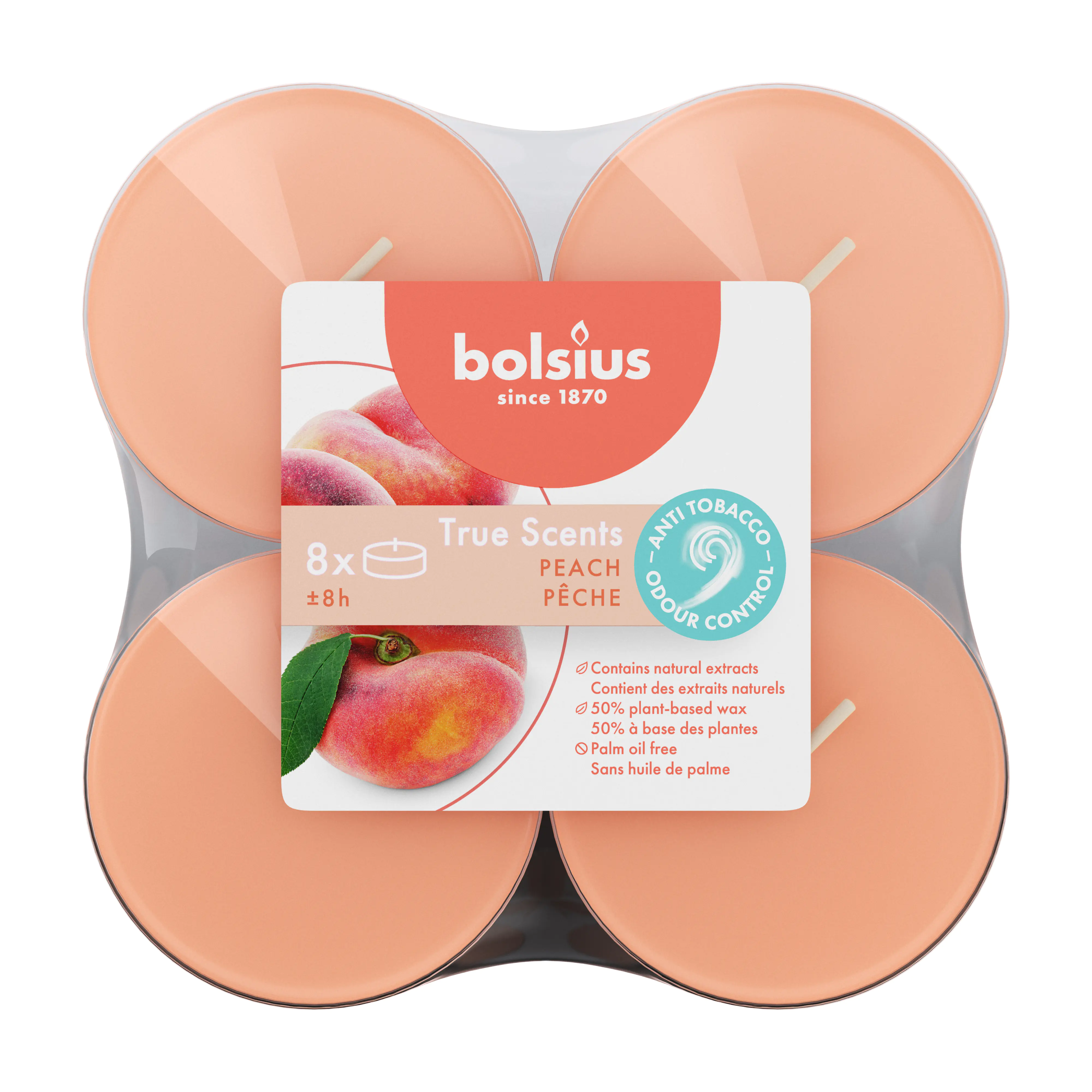 Bolsius Maxi-Teelichter orange 8h True Scents Pfirsich 8er Pack