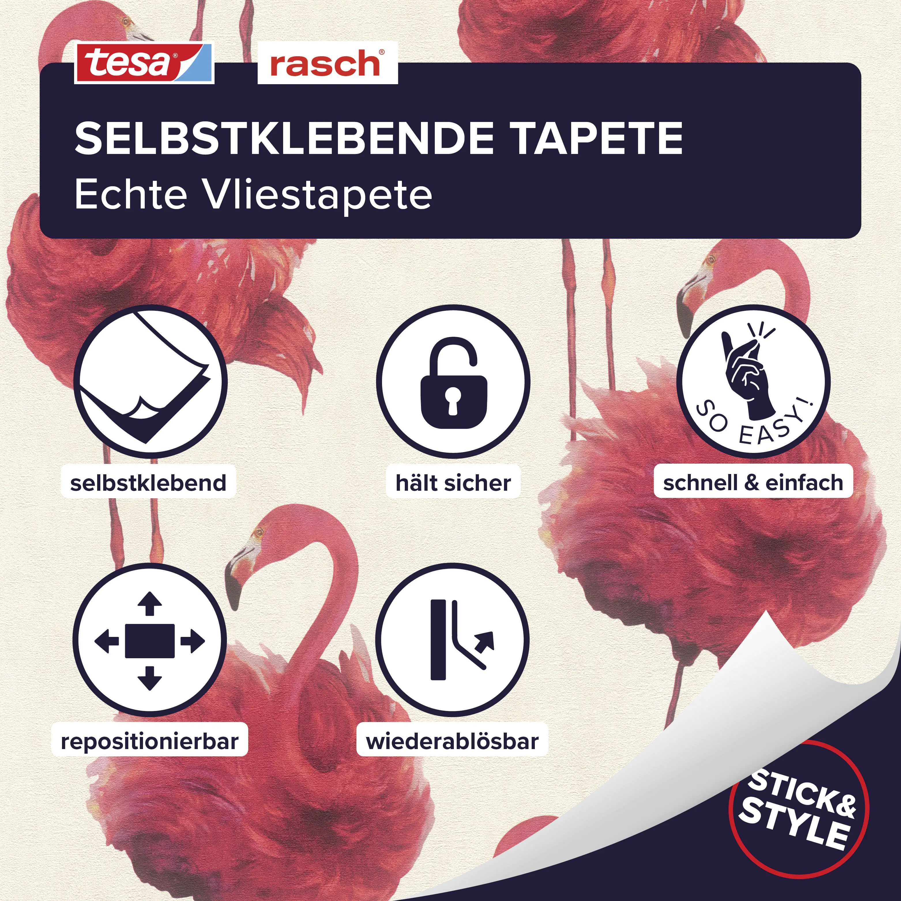 Tesa x Rasch selbstklebende Vliestapete Famazing Flamingo pink 6 x 0,53 m
