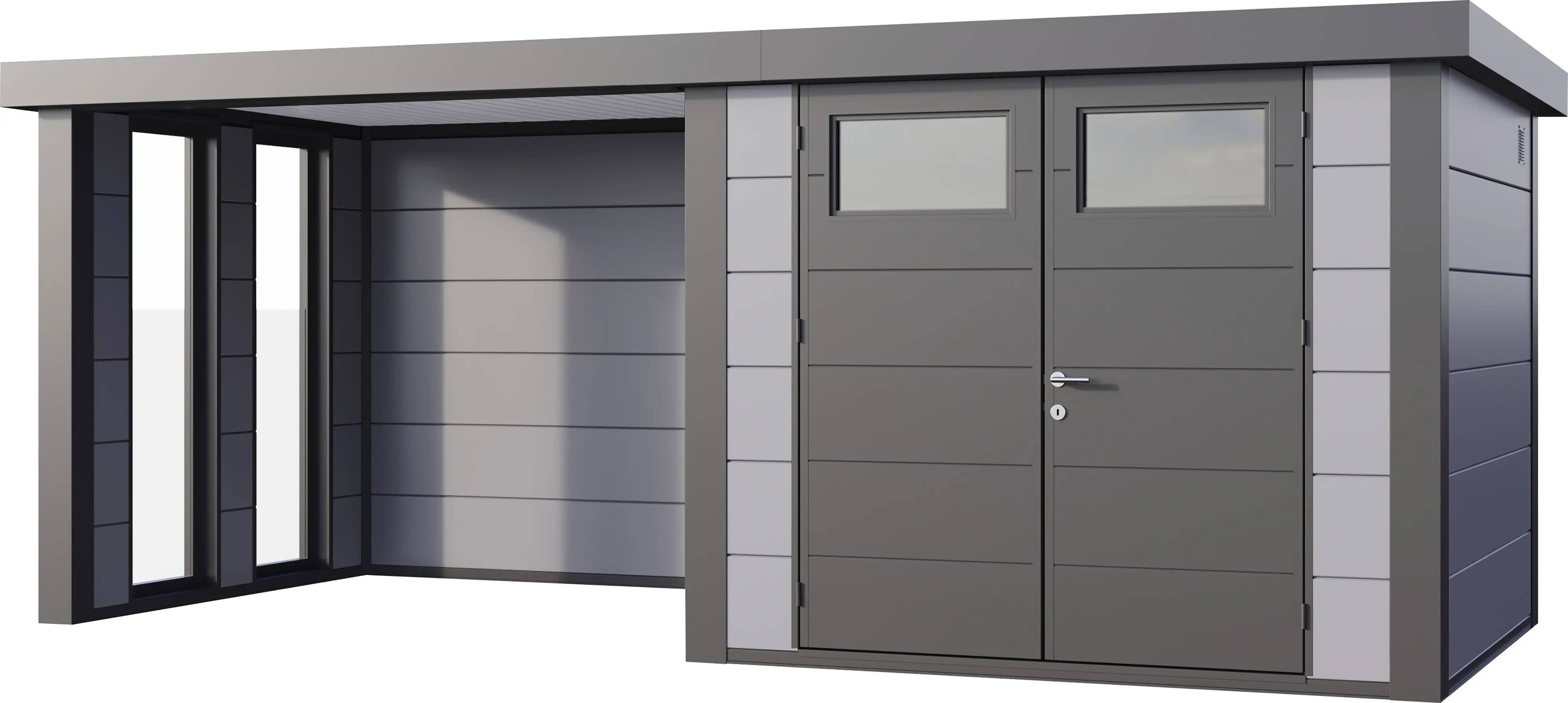Telluria Gerätehaus Classico Lounge S mit Fenstern 2724 links lichtgrau 552 x 238 cm