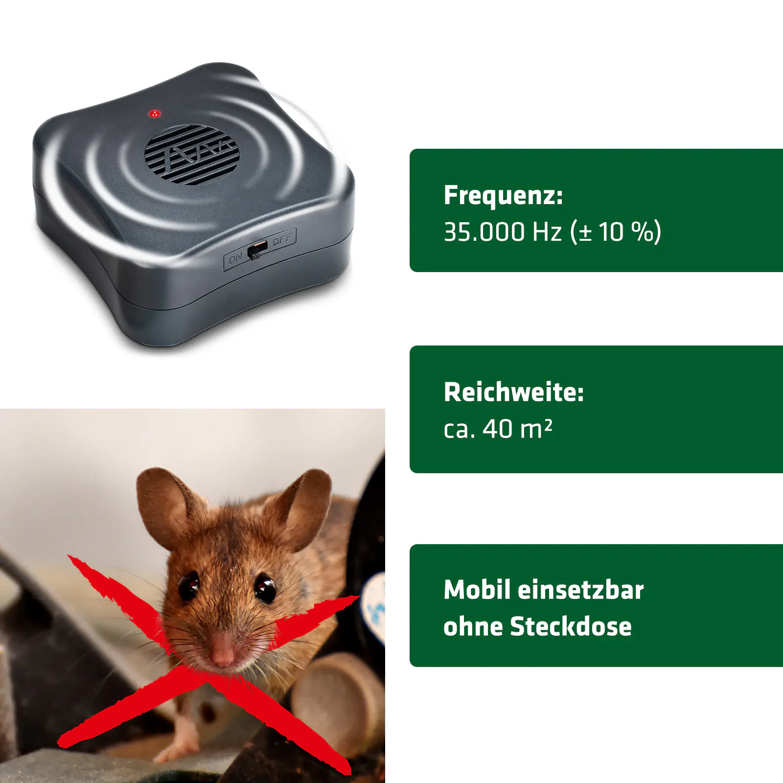 Gardigo Mäusefeindmobil batteriebetriebener Ultraschall-Mäuseschreck