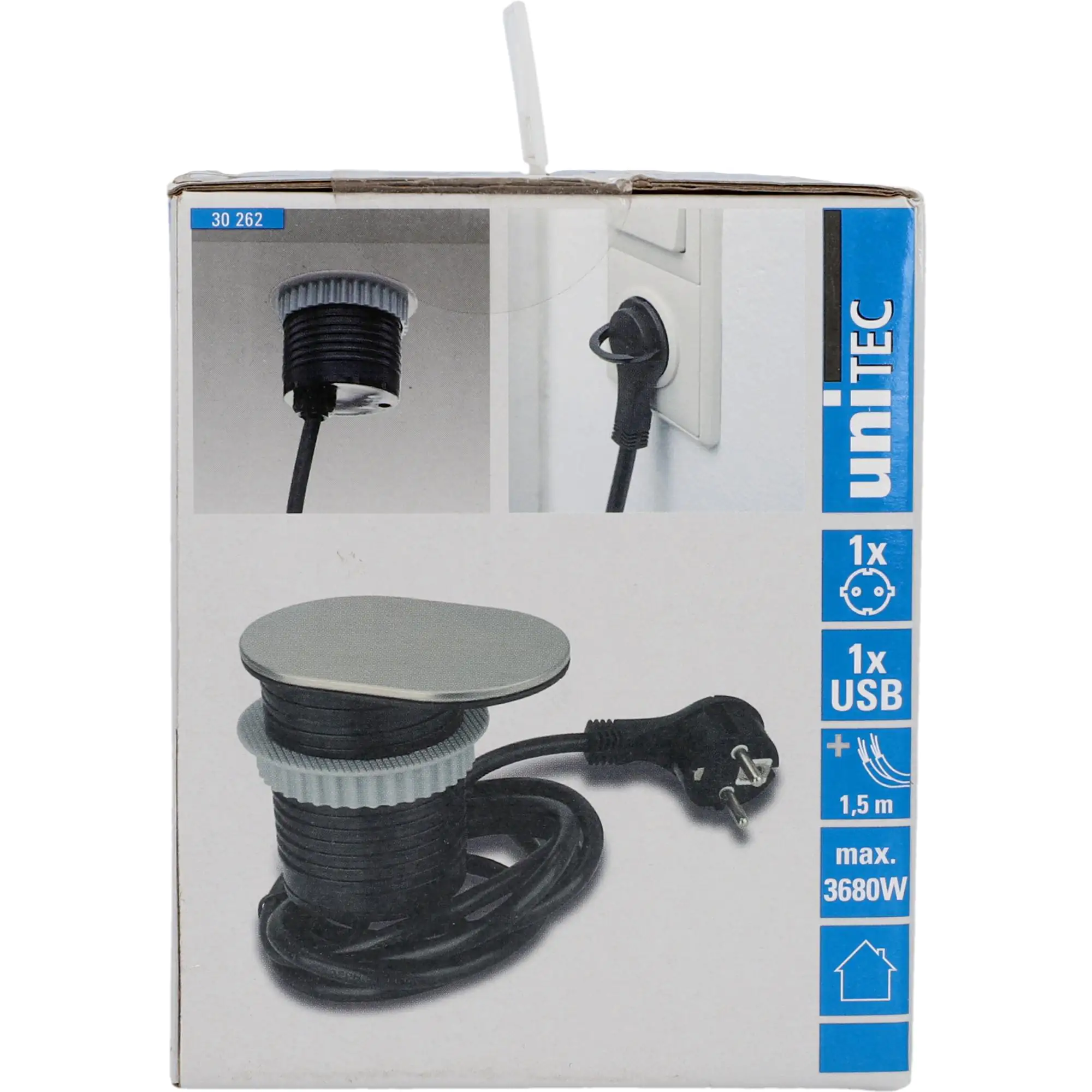 Unitec Einbausteckdosenleiste 1-Fach 1,5m mit USB, H05VV-F3 G1,5 mm, stahl
