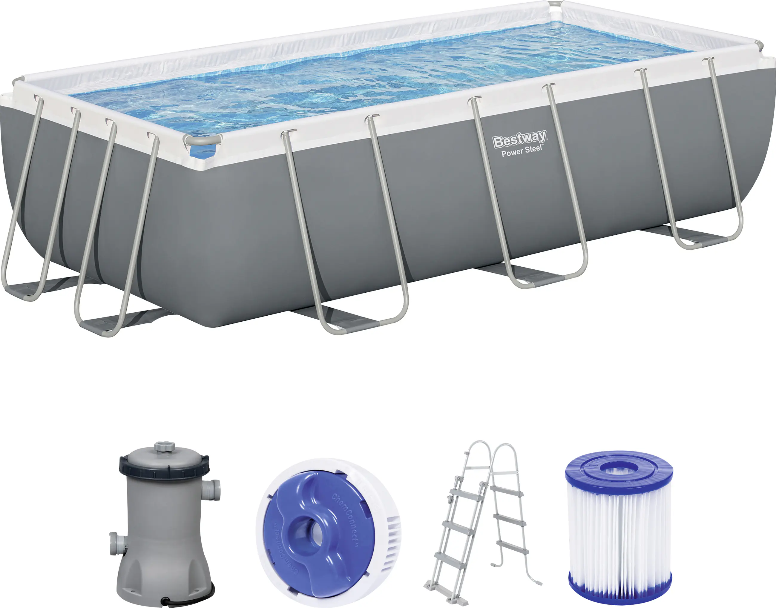 Bestway Power Steel Frame Pool Set mit Filterpumpe 404 x 201 x 100 cm, grau, eckig