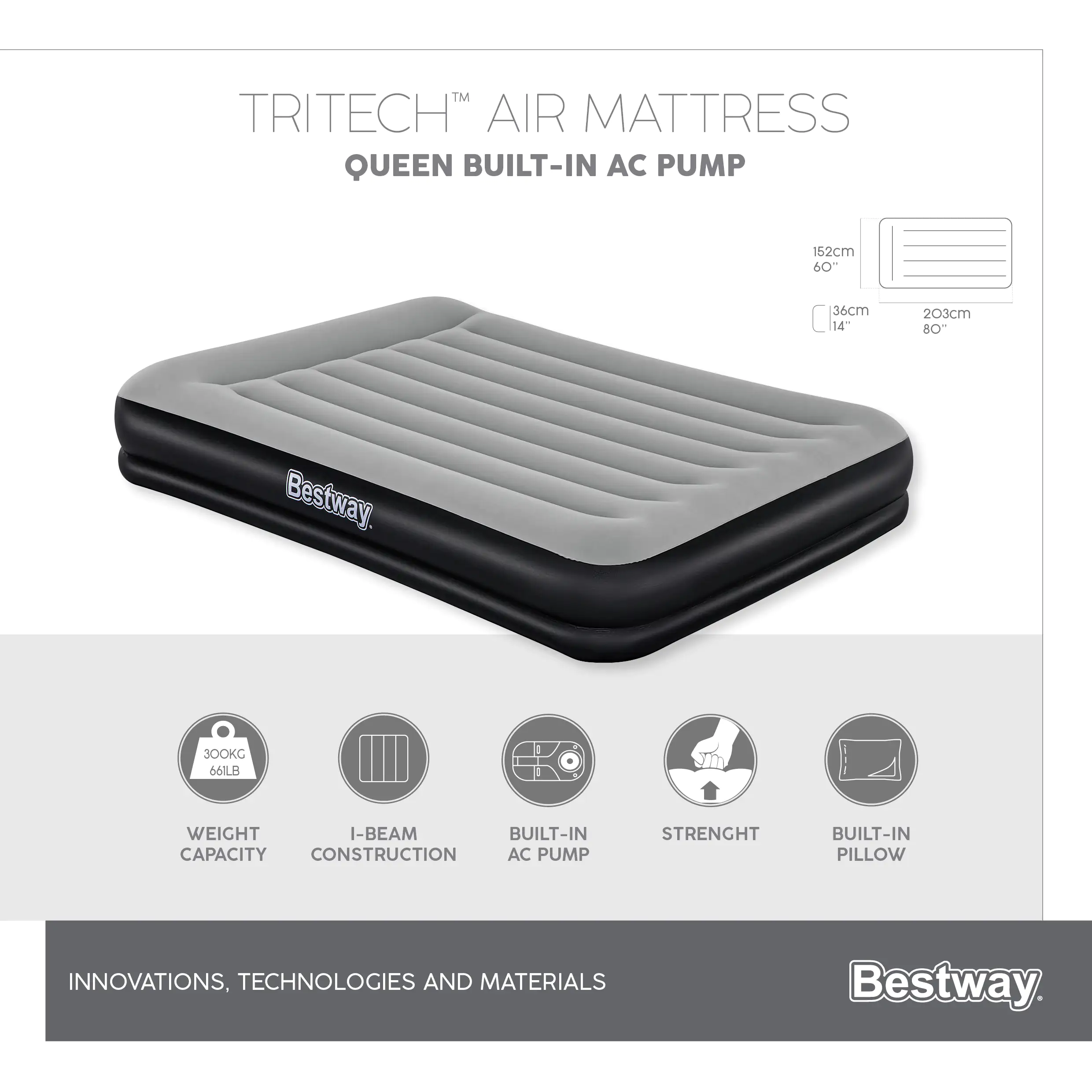 Bestway Luftbett TriTech 203 x 152 x 36 cm mit integrierter Luftpumpe