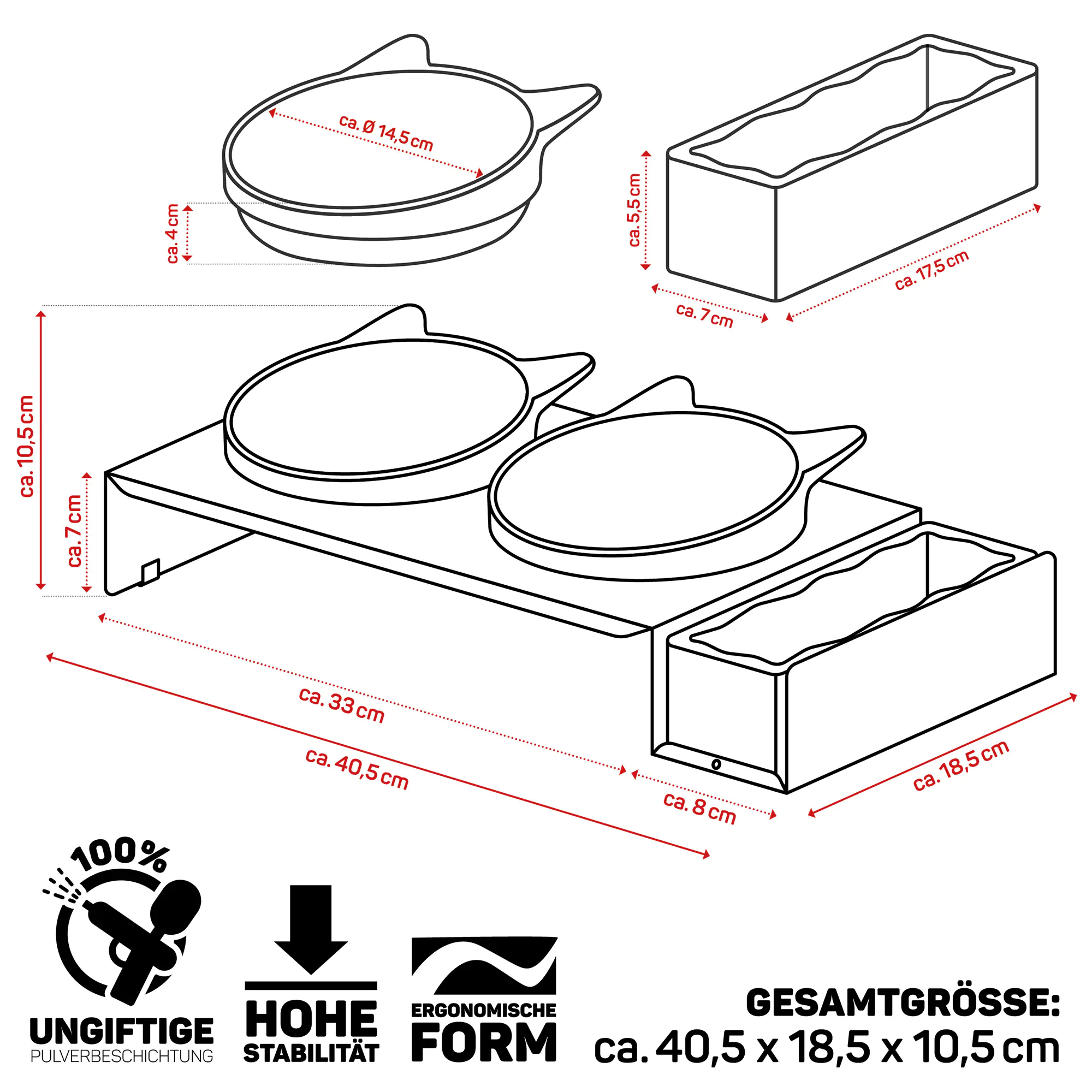 CanadianCat Industrial Foodbar "Cat Diner" - Futterstation aus Metall mit drei Keramikschalen 
