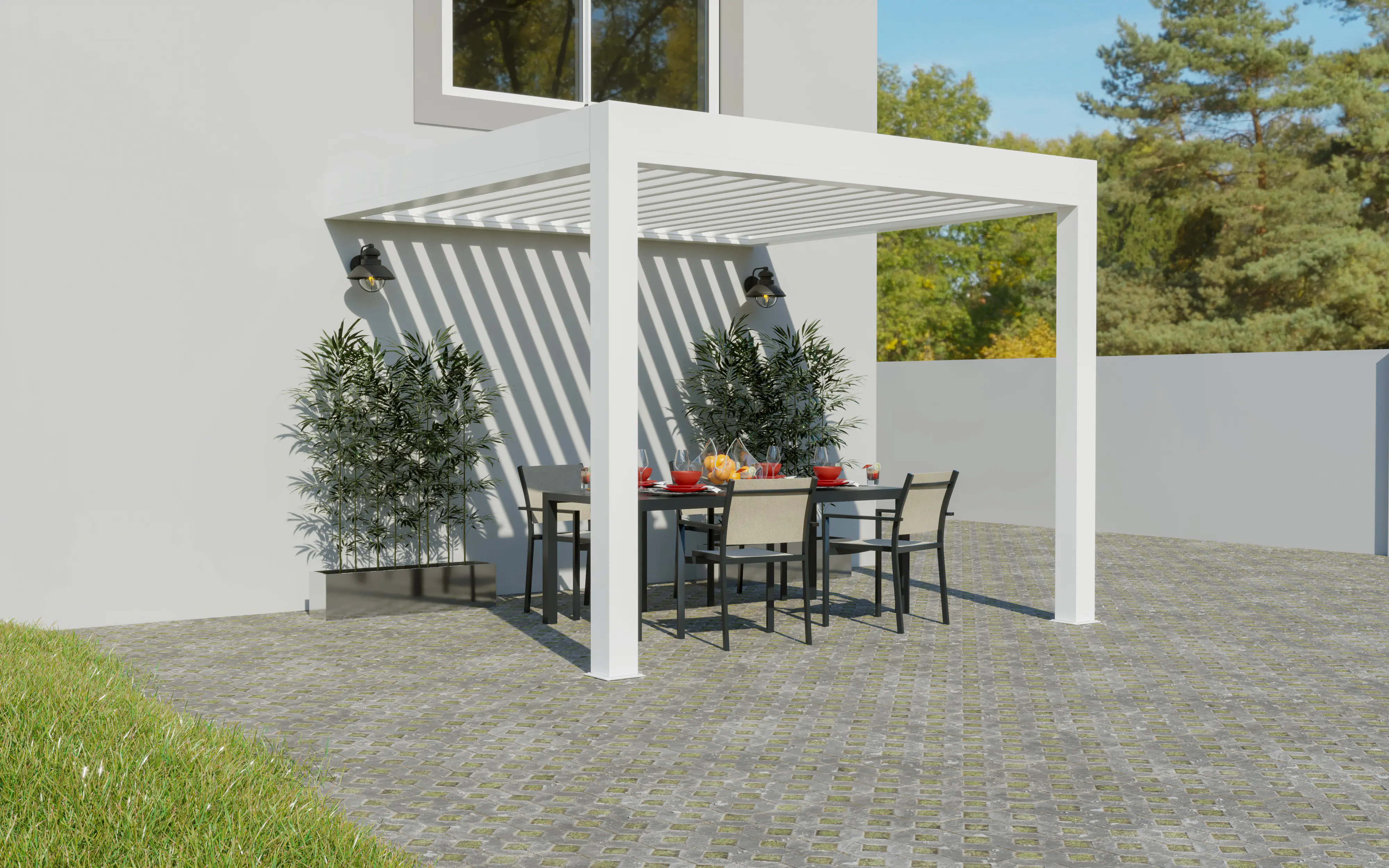 Lamellen Terrassenüberdachung 480 x 400,3 x 266 cm weiß