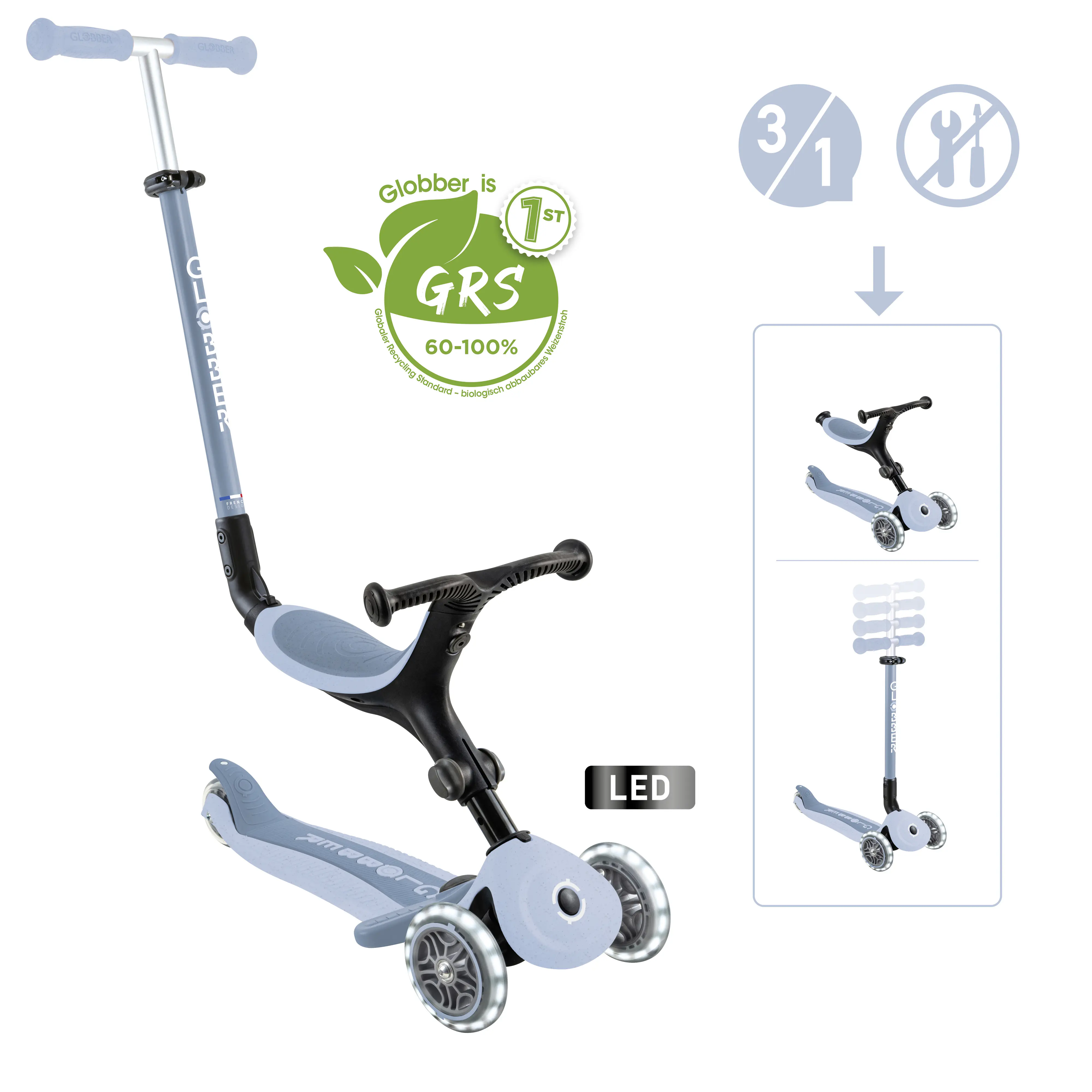 Globber 3-in-1 Fahrzeug Go-Up Active Lights Eco blaubeere mit Leuchtrollen
