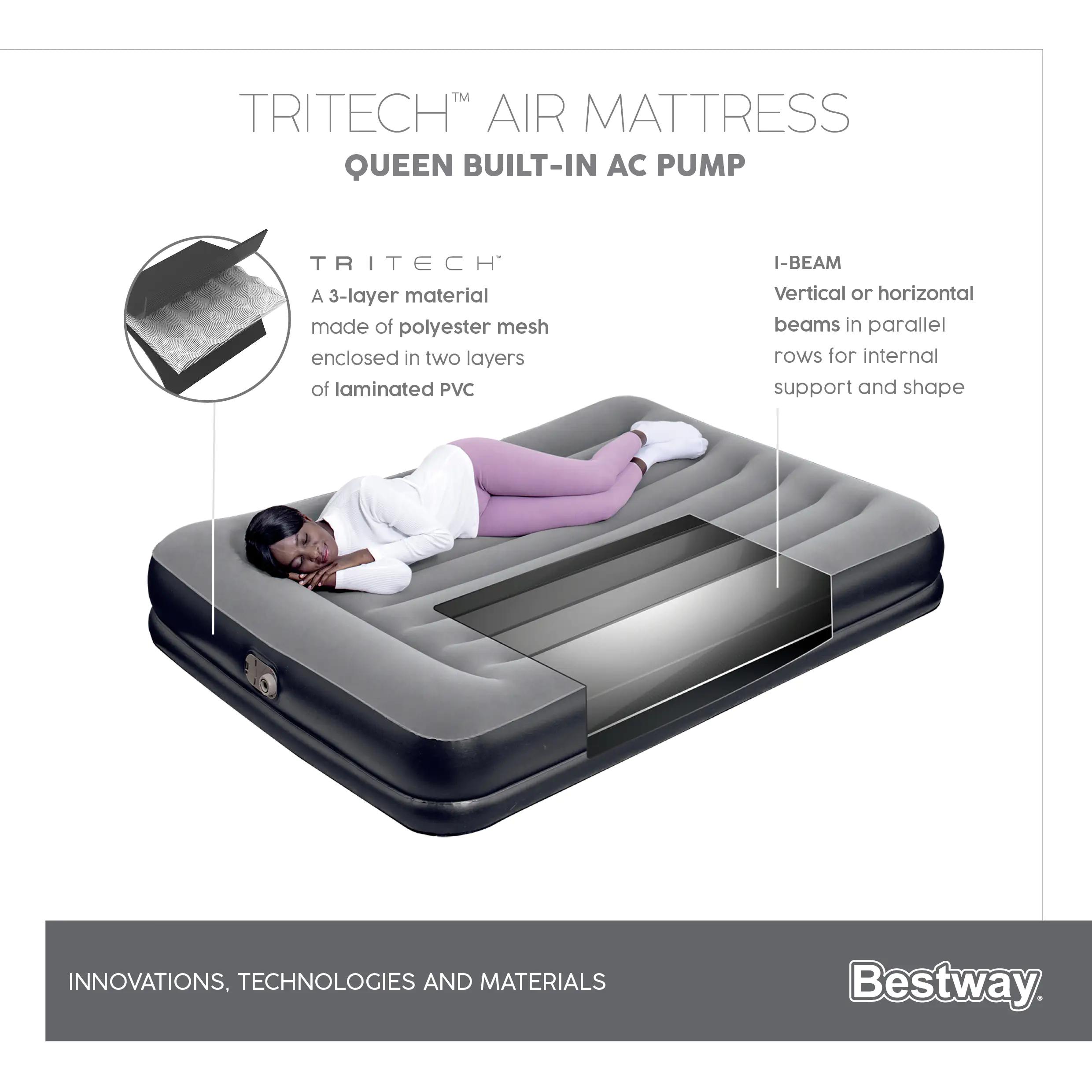 Bestway Luftbett TriTech 203 x 152 x 36 cm mit integrierter Luftpumpe