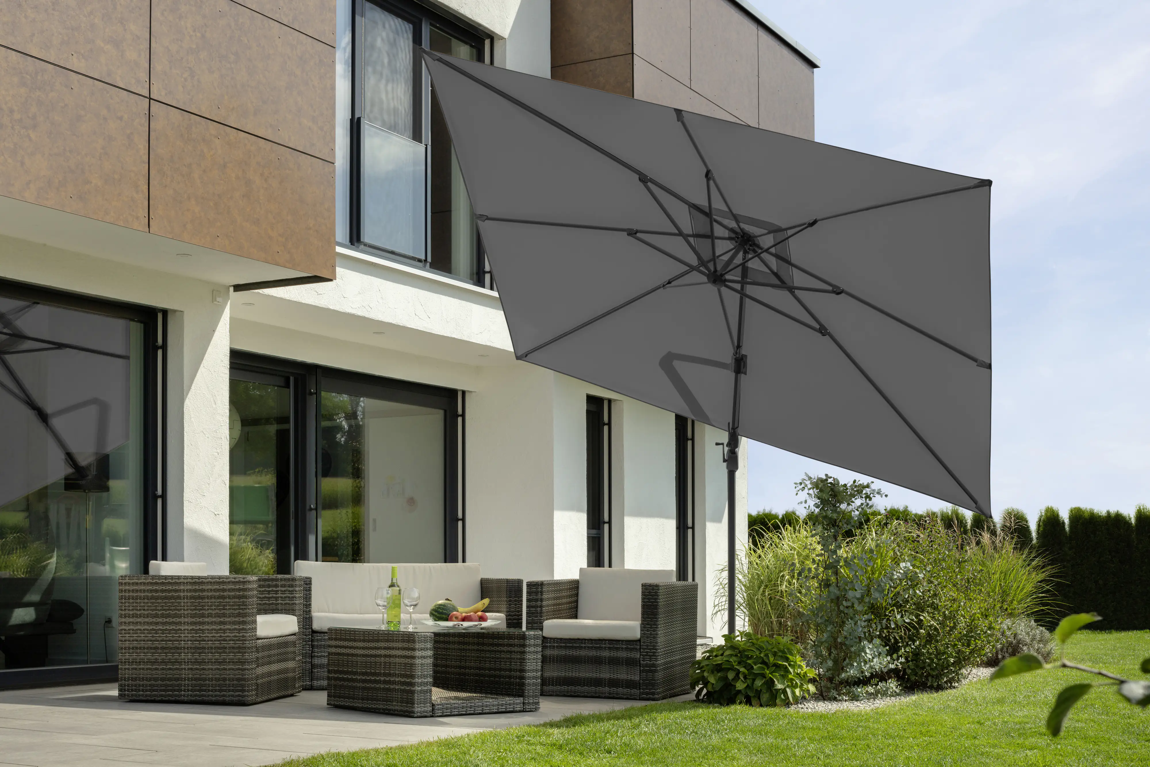 Schneider Ampelschirm Rhodos Twist anthrazit 350 x 260 cm inkl. Sonnenschirmhülle