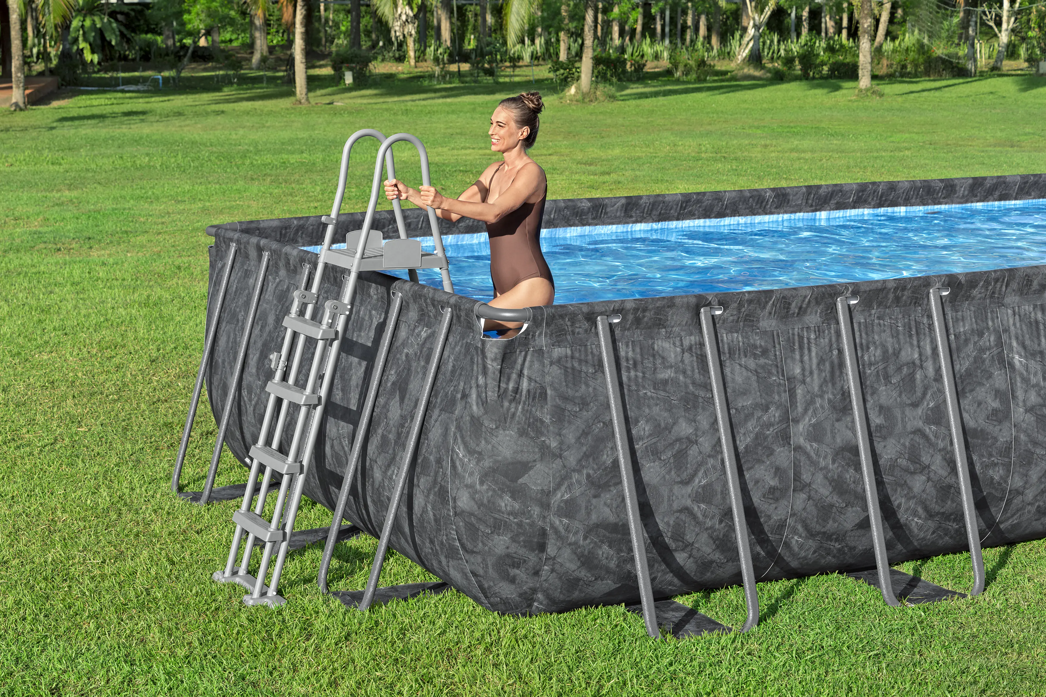 Bestway Winterfestes Frame Pool APX365 Komplett-Set mit Sandfilteranlage 732 x 366 x 132 cm marmor-optik eckig