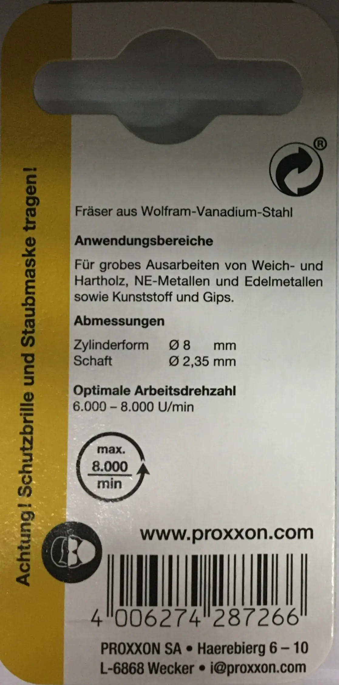 Proxxon Micromot Zylinderfräser 8,0 mm 2 Stück