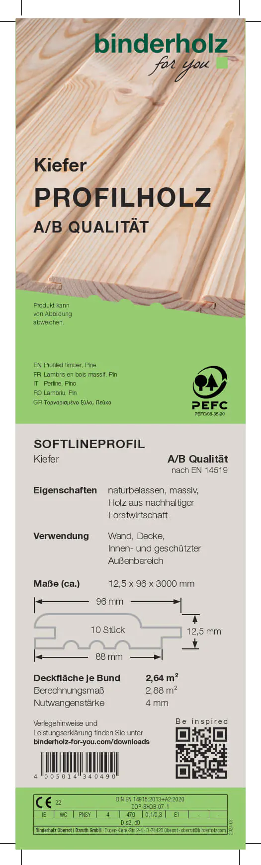 Profilholz Kiefer A B-Sortierung Softlineprofil 300 x 9,6 cm 12,5 mm