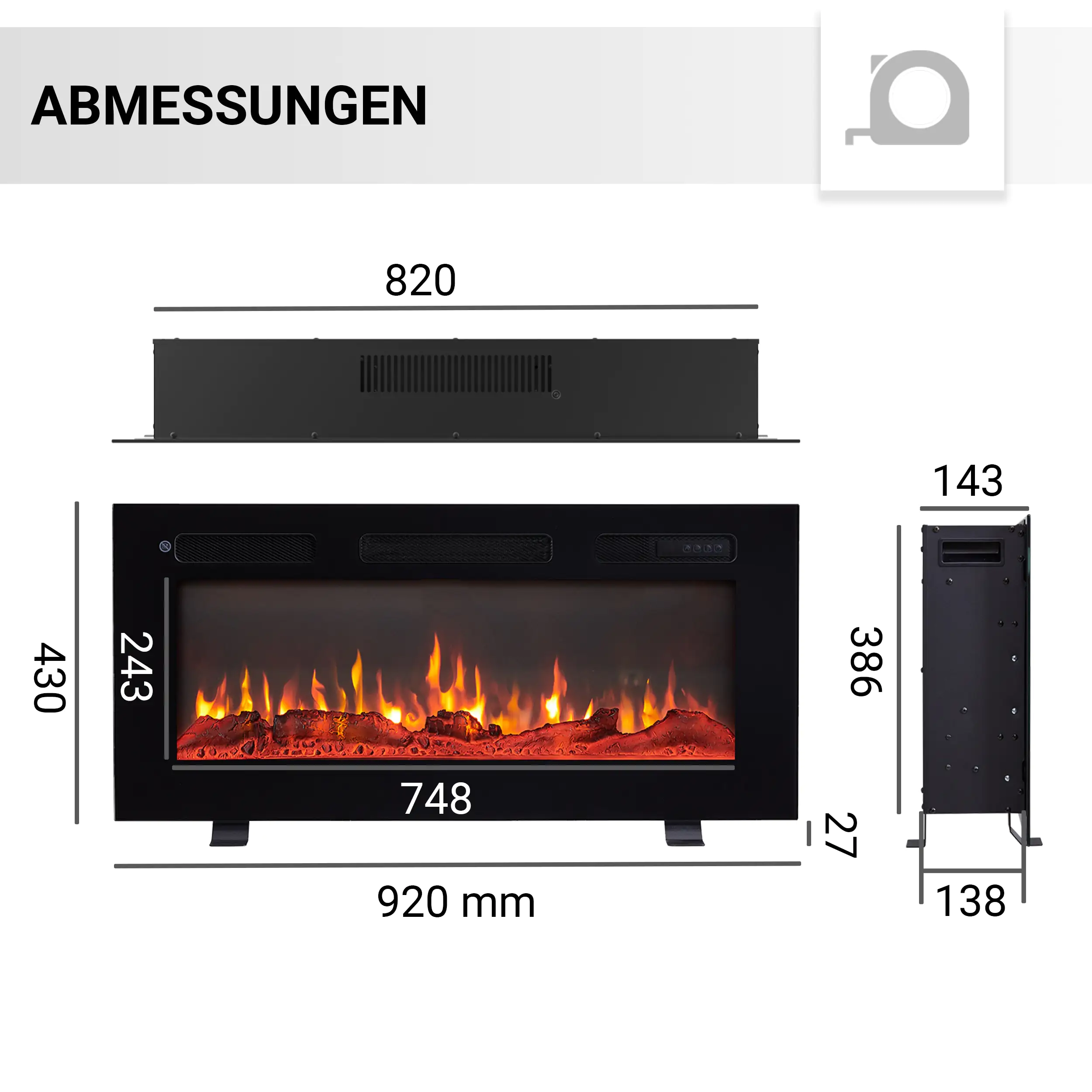 BALDERIA Elektrokamin schwarz Leif 36 1000/1800 Watt 43 x 92 cm