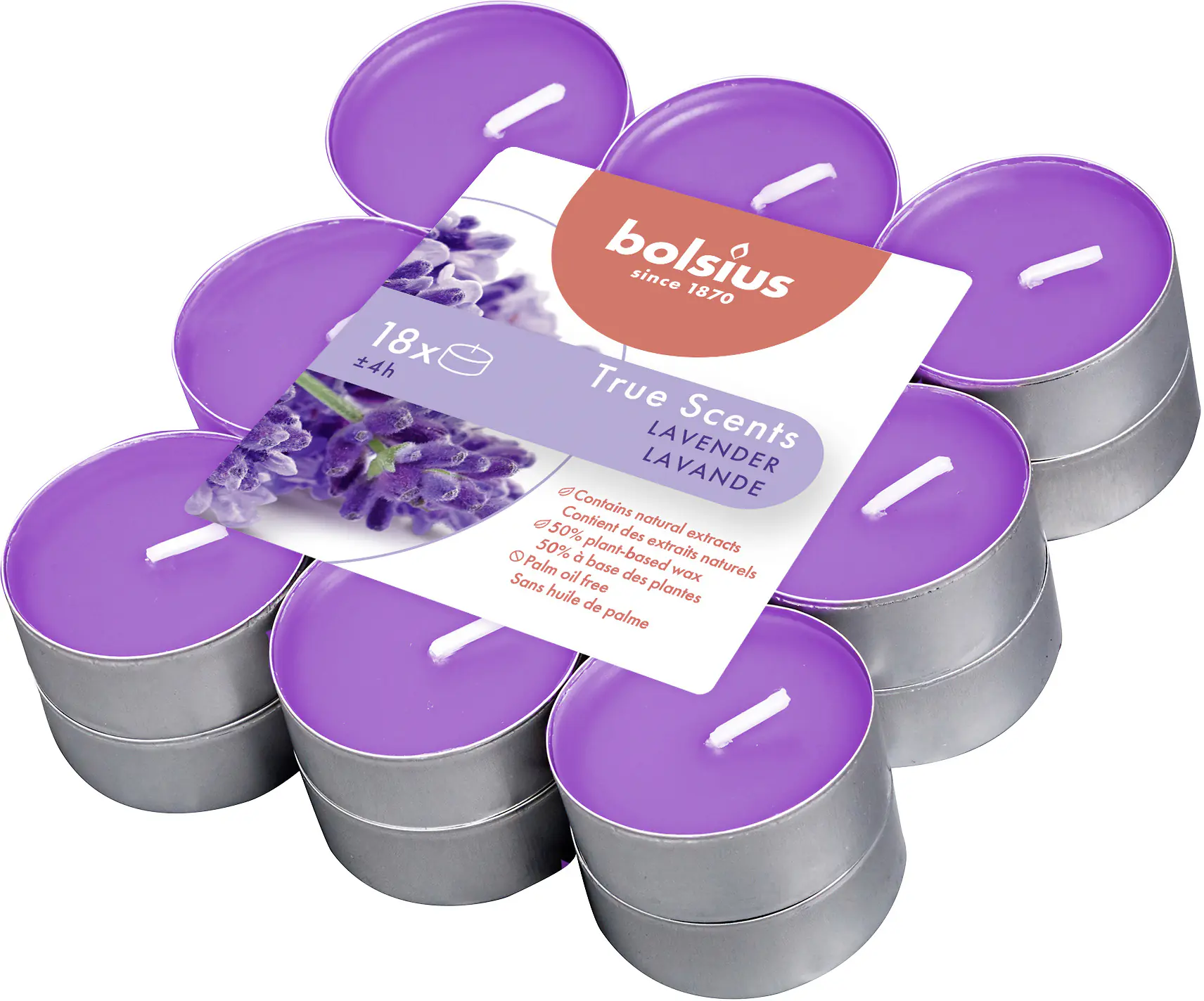 Bolsius Duftteelichter Lavendel, Höhe 1,15 cm, Ø 3,1 cm, 18er Pack