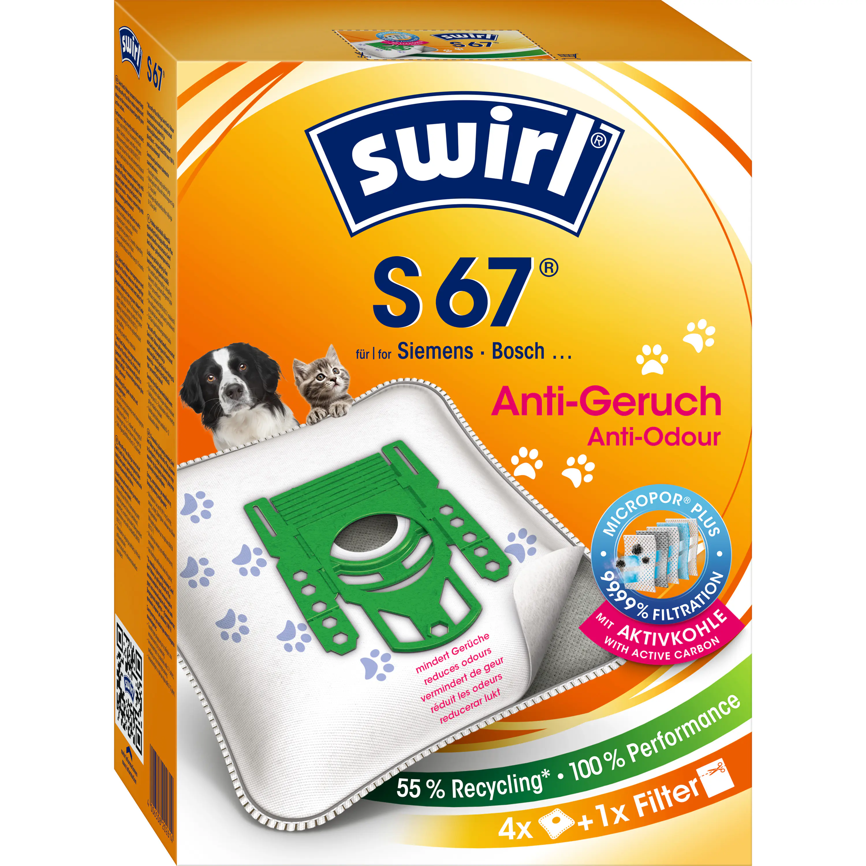 Swirl S 67 EcoPor Anti-Geruch Staubsaugerbeutel 4 Staubbeutel + 1 Filter