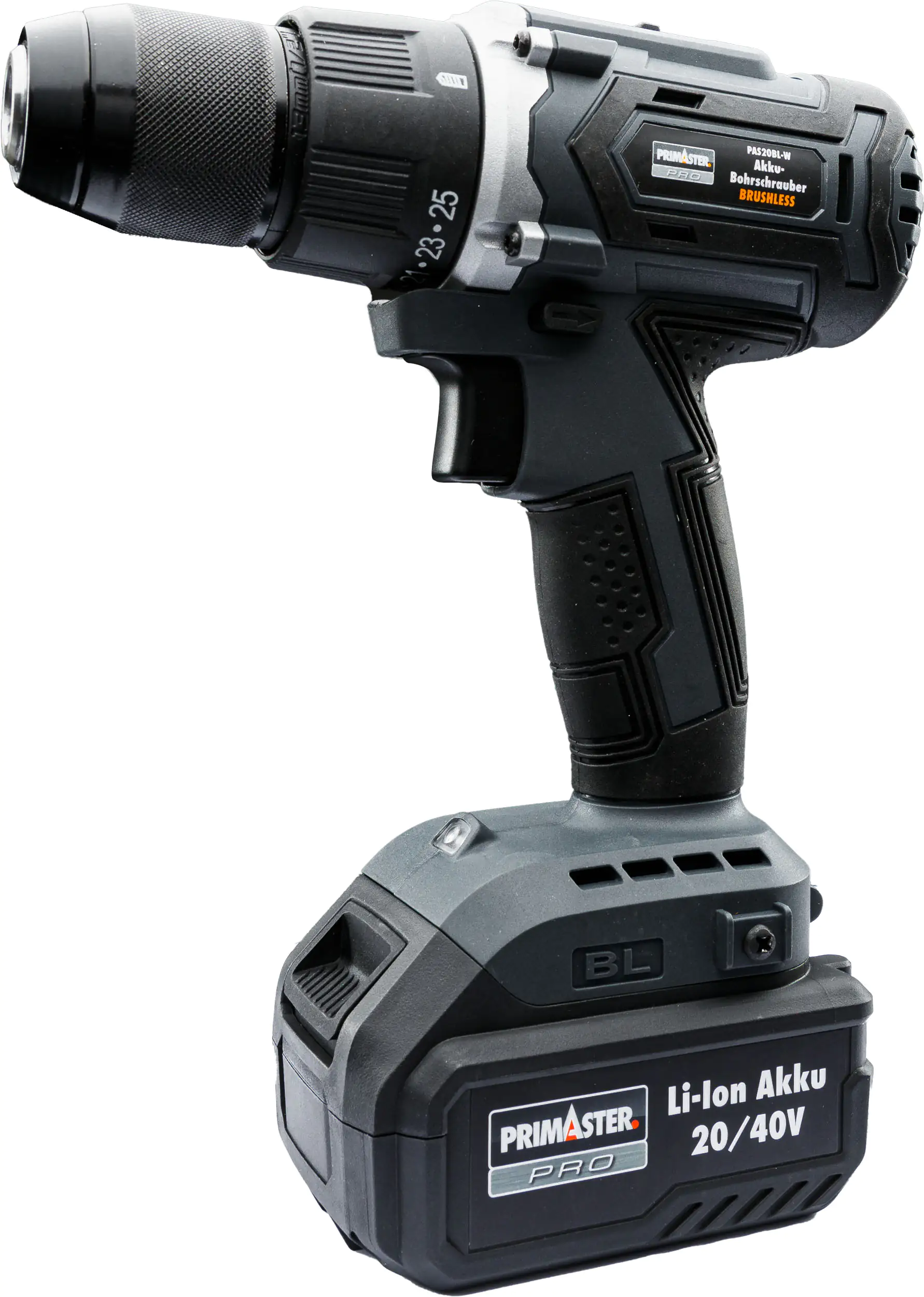 Primaster Pro Akku-Bohrschrauber PAS20BL-W 20 V mit 2 Akkus und Ladegerät