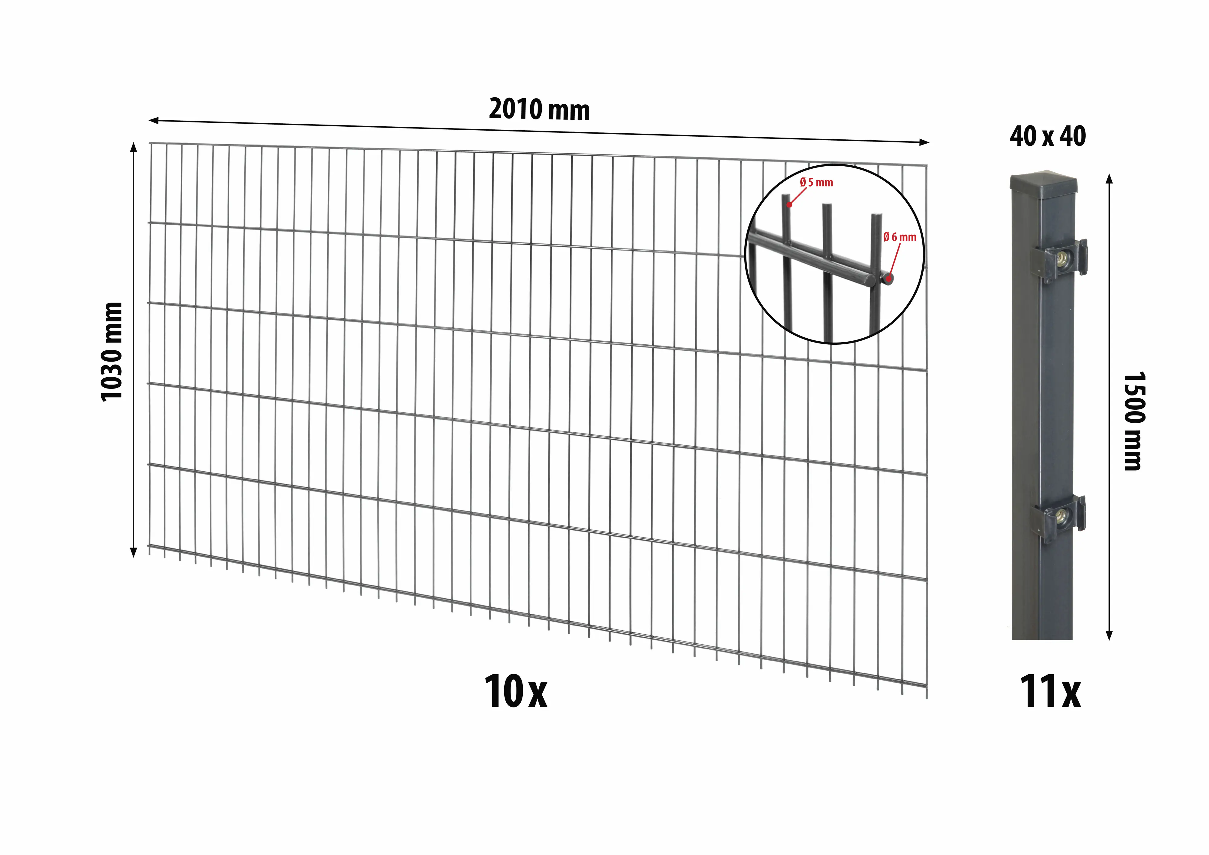 Floraworld Doppelstabmatten-Zaun Set Comfort 20 m 201 x 103 cm inkl. 11 Pfosten 150 cm anthrazit