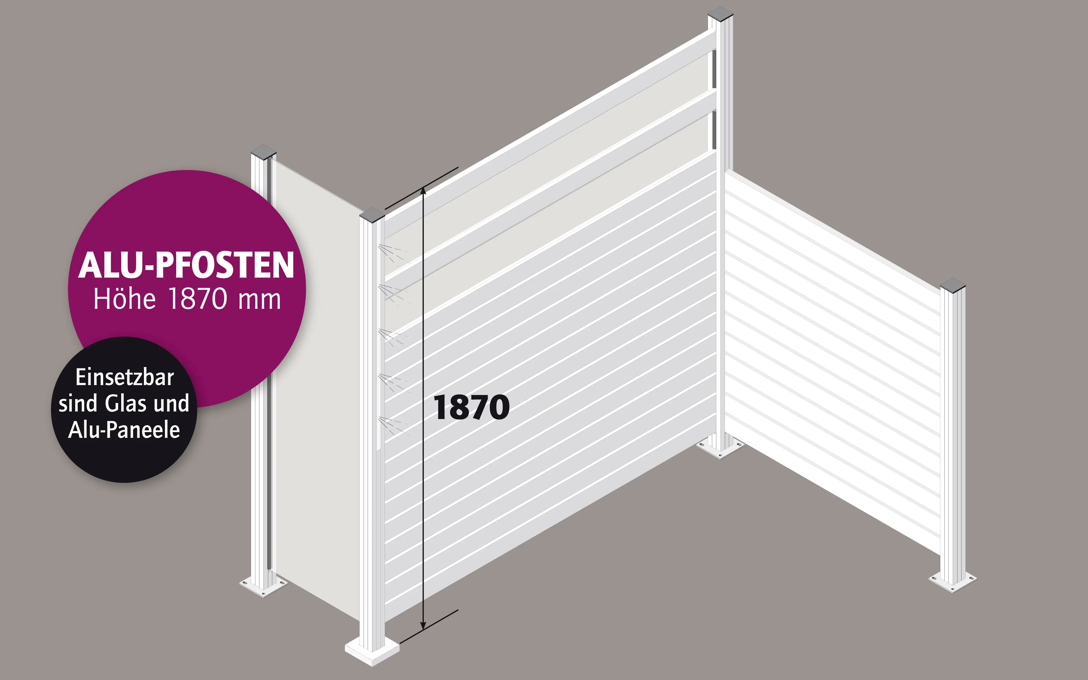 Ambiente Aluminium-Pfosten 187 cm, 68 x 68 mm, Verkehrsweiß Struktur 9016