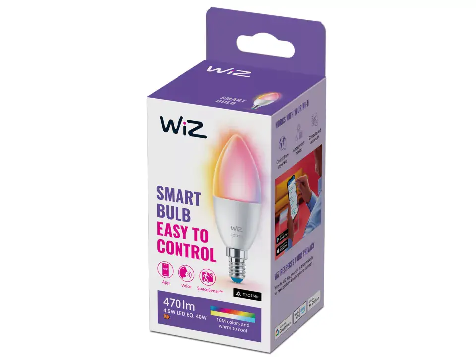 WIZ LED-Leuchtmittel Kerzenform C37 E14 4,9W warmweiß bis kaltweiß smart RGBW