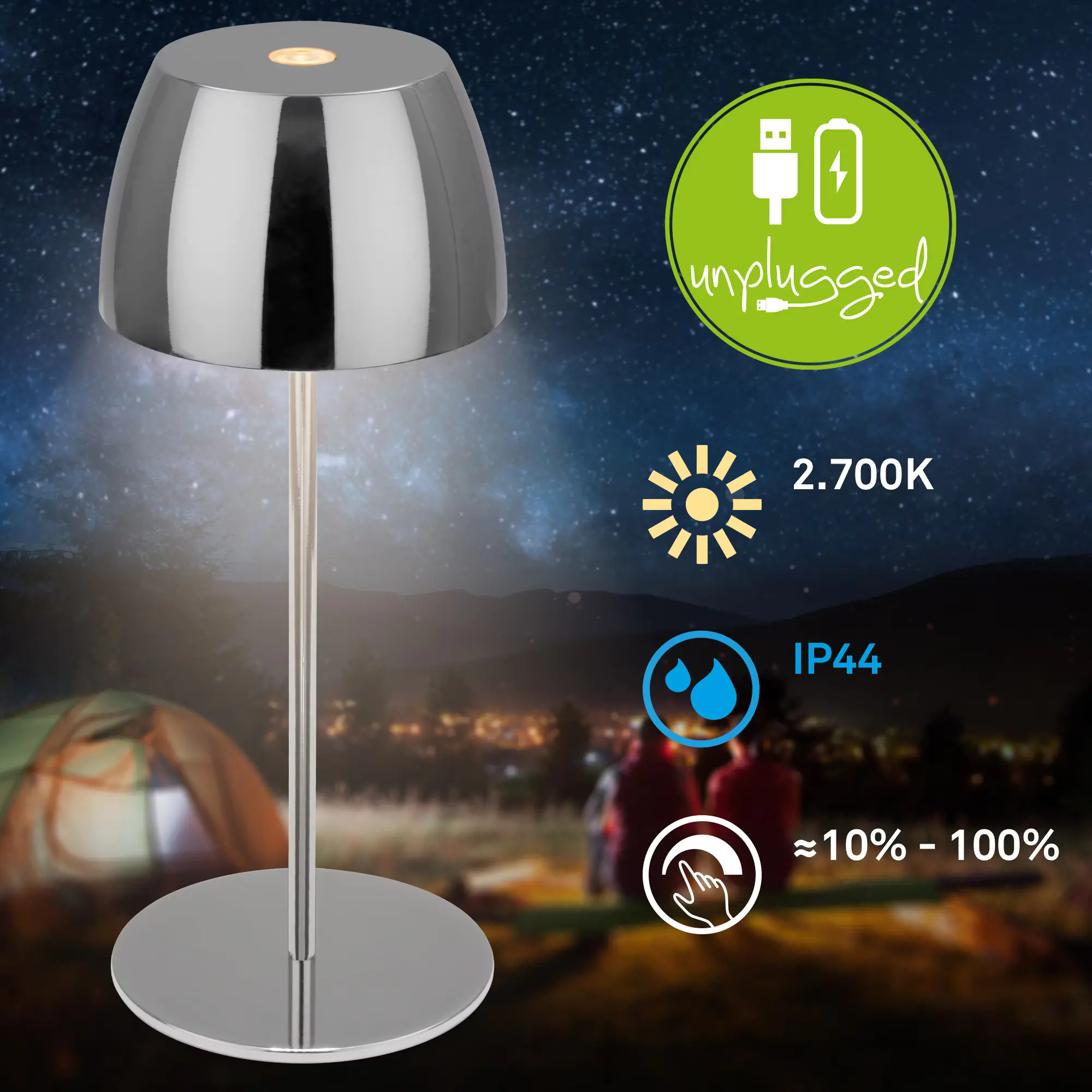 Brilloner LED-Tischlampe Serina unplugged 2,5W, dimmbar, IP44, chrom
