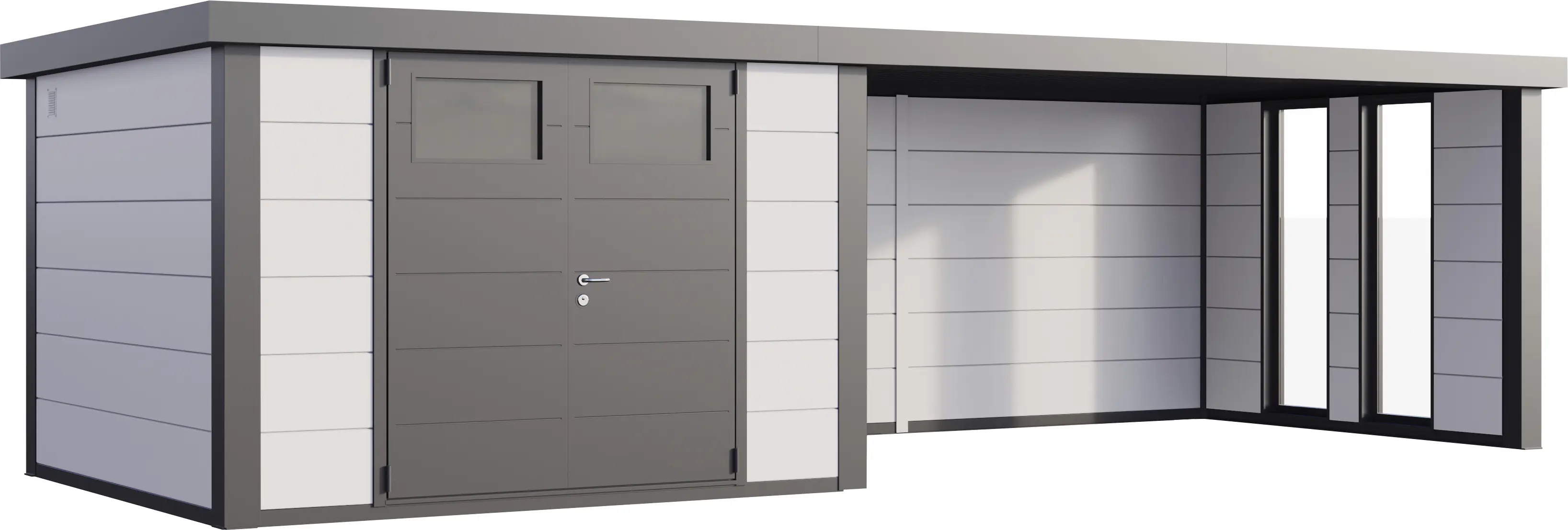 Telluria Gerätehaus Classico Lounge XL mit Fenstern 3030 rechts weiß 762 x 298 cm