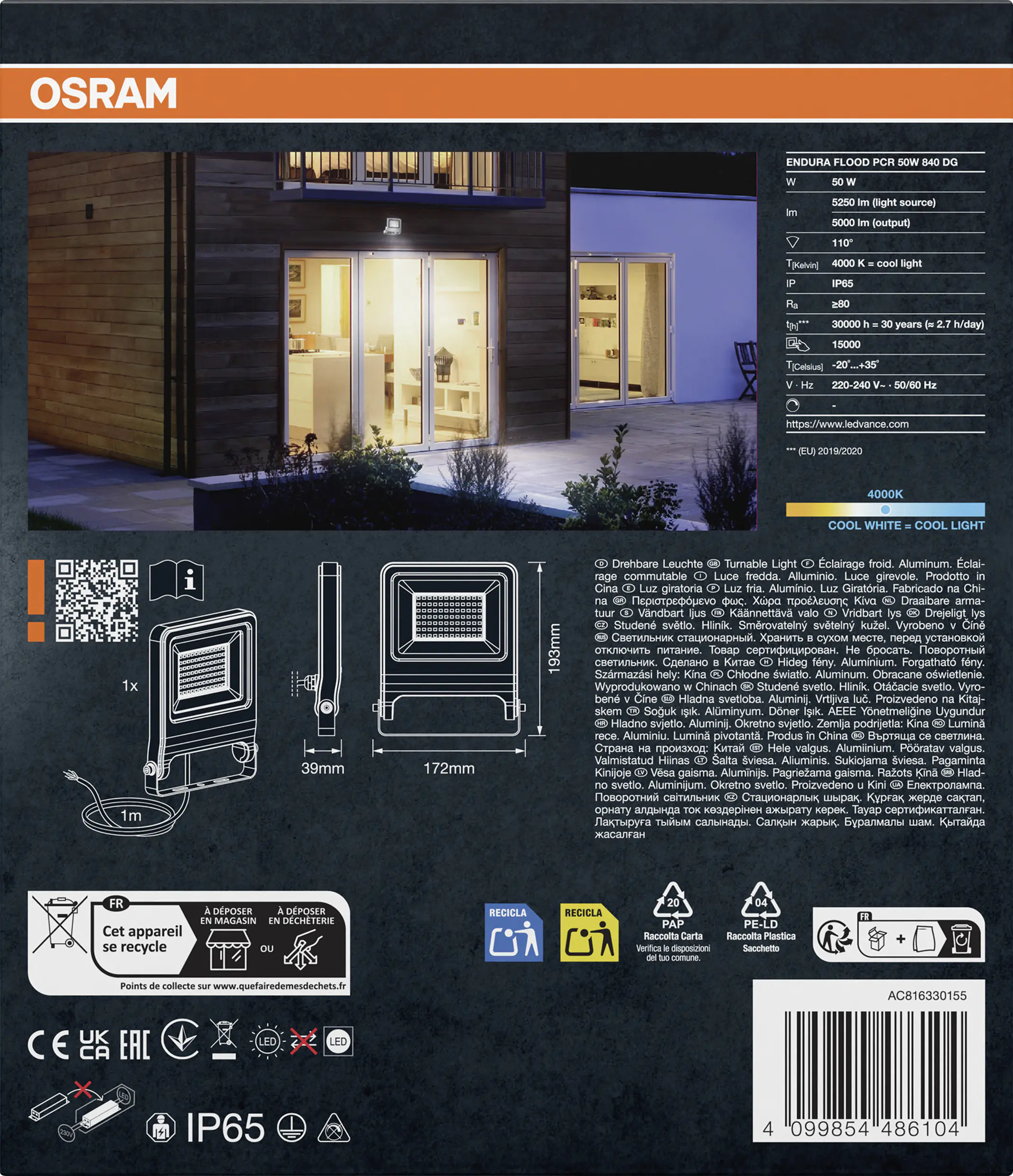 Osram Außenleuchte ENDURA Flood 50W PCR dunkelgrau kaltweiß