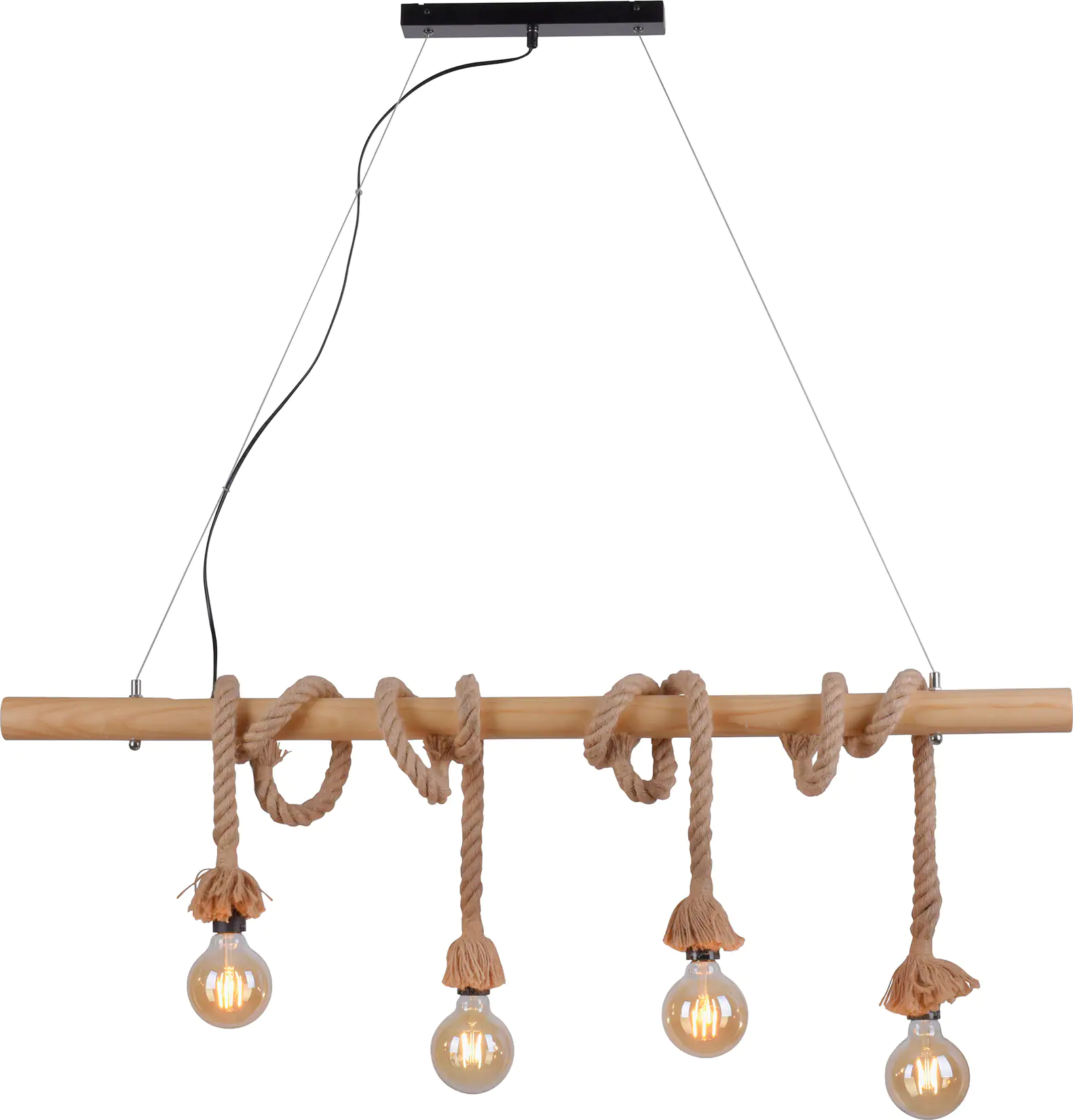 JustLight 4er Pendelleuchte Rope schwarz-natur 100 x 7 cm E27 15 W