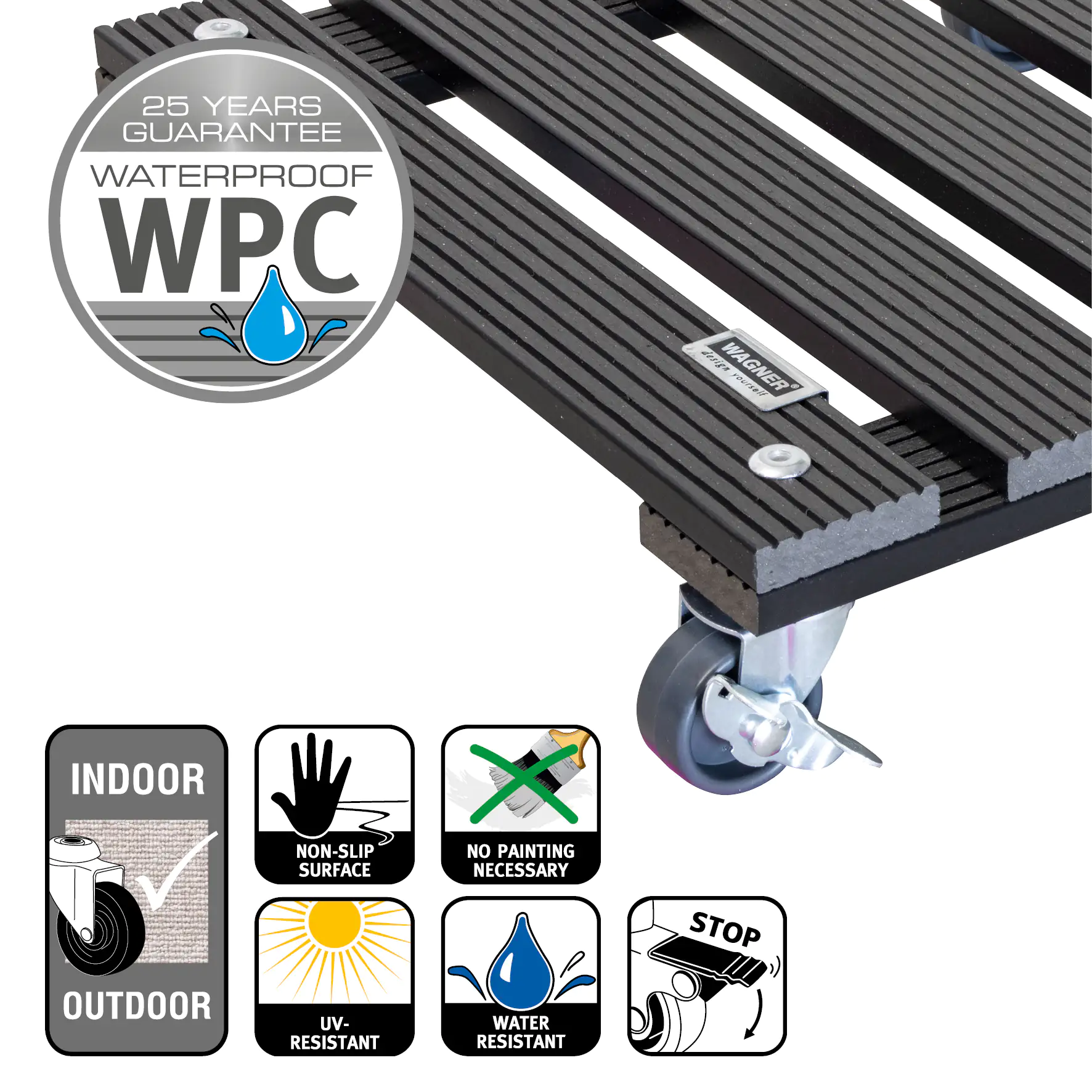 WAGNER Pflanzenroller WPC eckig 29 x 29 cm Tragkraft bis max. 80 kg