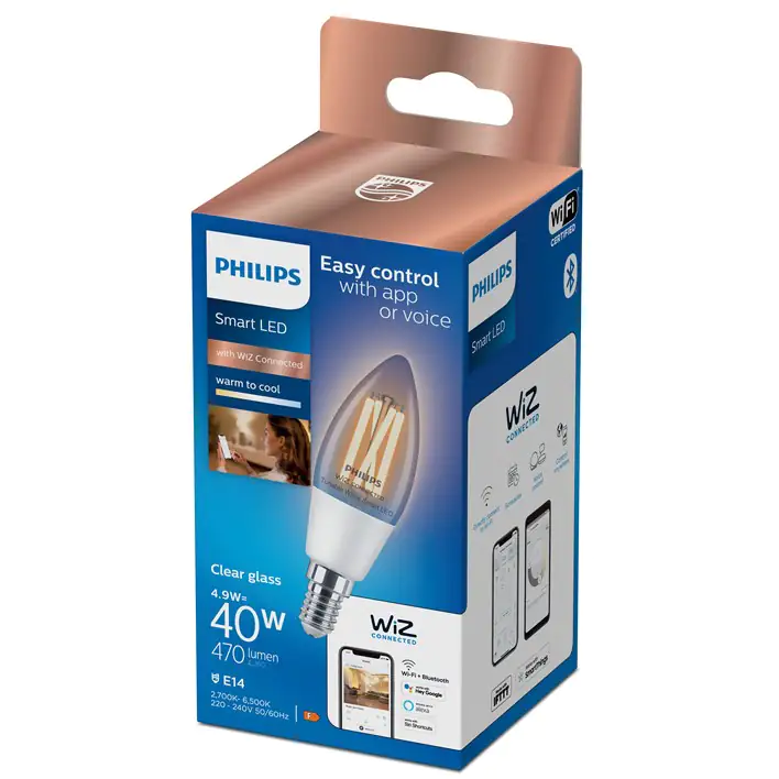Philips Smart LED Leuchtmittel warmweiß-kaltweiß C35 E14 Kerzenform 4,9 W klar