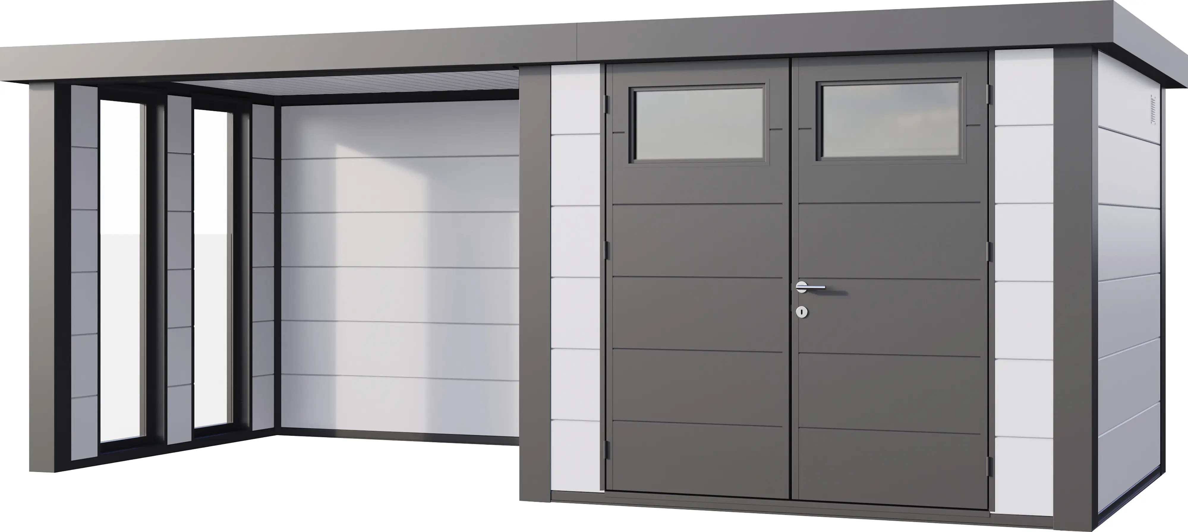 Telluria Gerätehaus Classico Lounge S mit Fenstern 2724 links weiß 552 x 238 cm