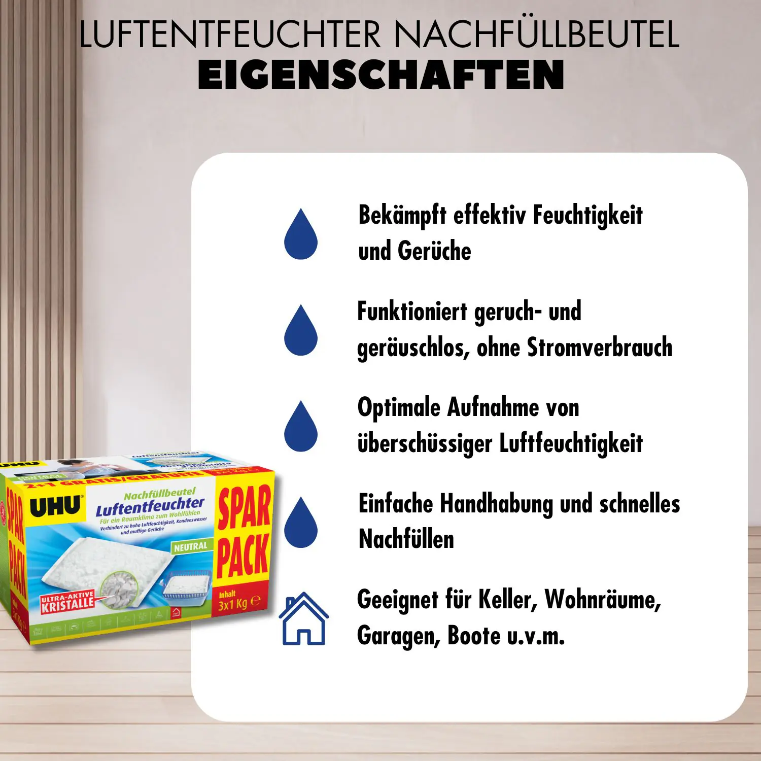 UHU Luftentfeuchter Nachfüllbeutel Sparpack, 3 x 1000 g Sparpack