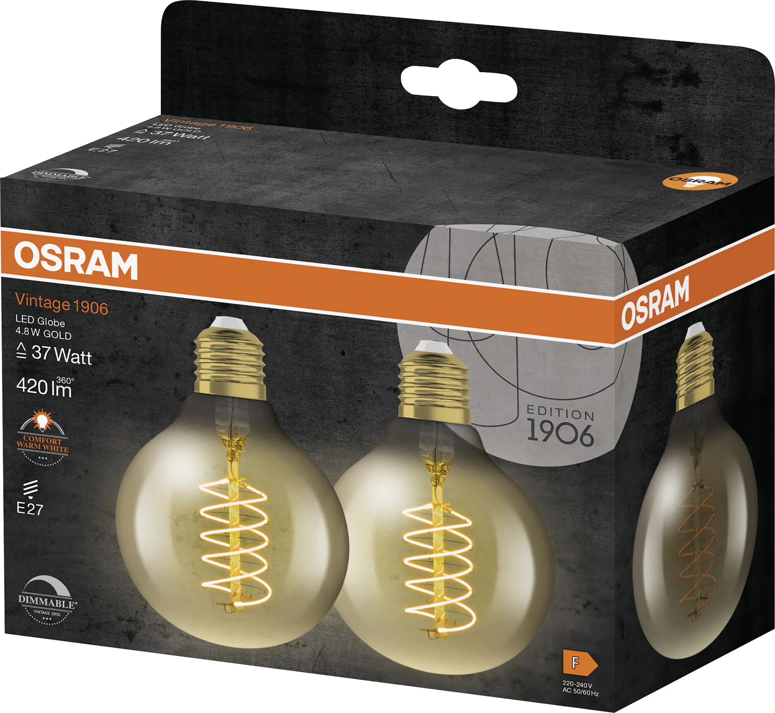 Osram LED Leuchtmittel E27 2er Pack Vintage 1906 Globe 4,8W Gold dimmbar warmweiß