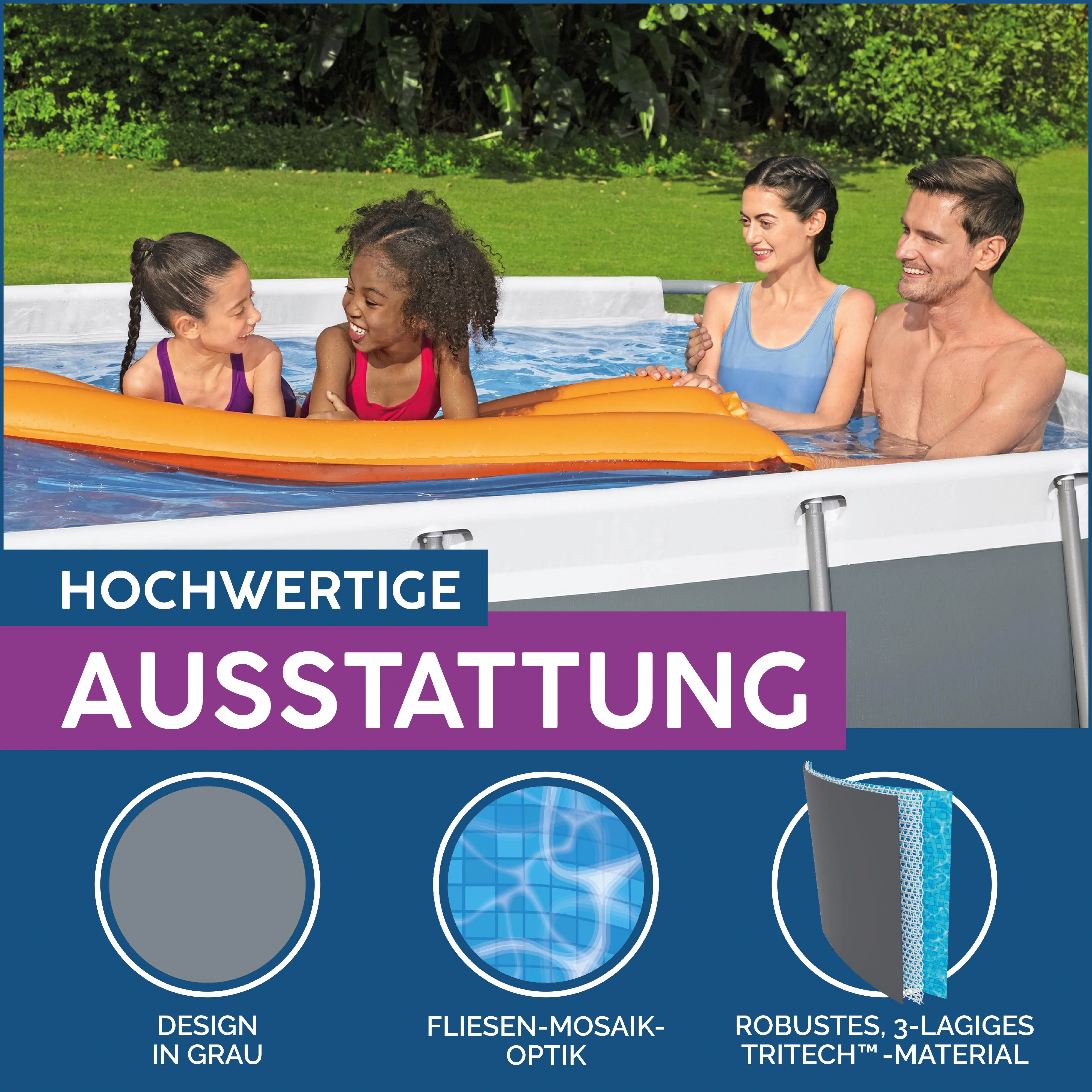 Bestway Power Steel Frame Pool Set mit Filterpumpe 404 x 201 x 100 cm, grau, eckig