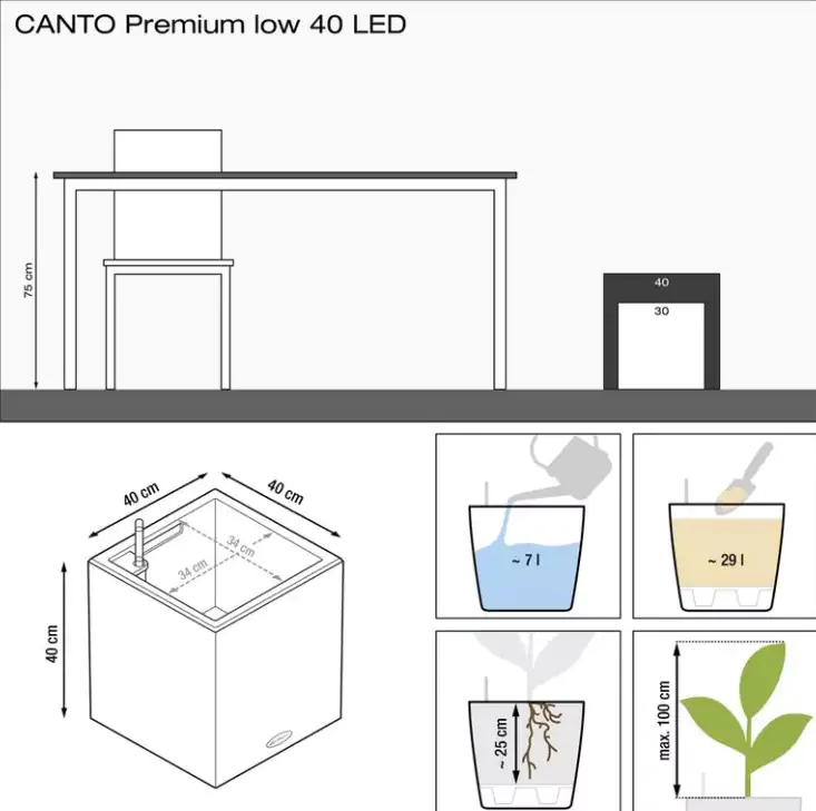 Lechuza Pflanzgefäß Canto Premium 40 LED low anthrazit metallic