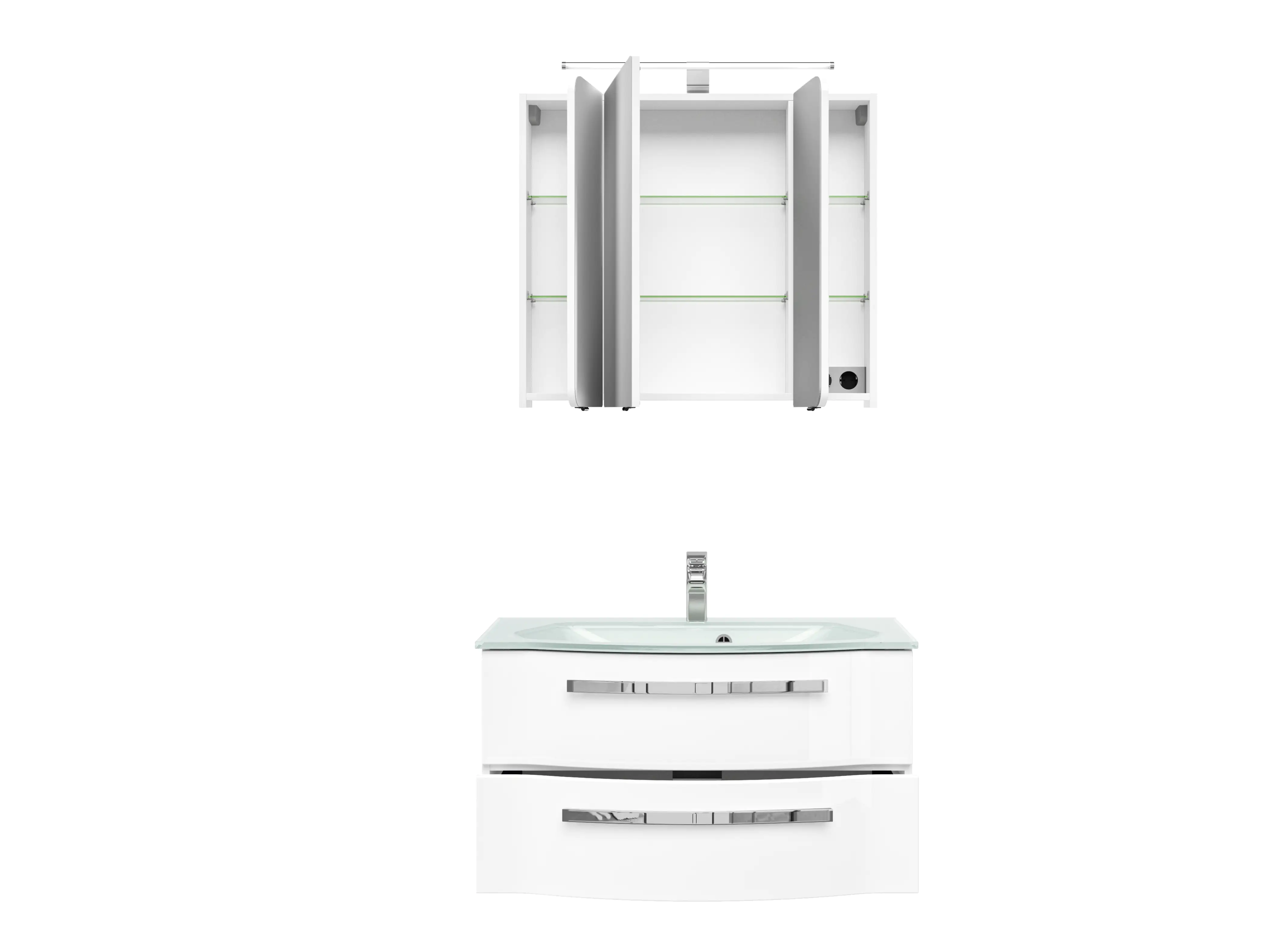 Pelipal Badmöbel-Set 4005 Lack polarweiß Hgl mit Glas-Waschtisch + LED-Leuchte 92 cm