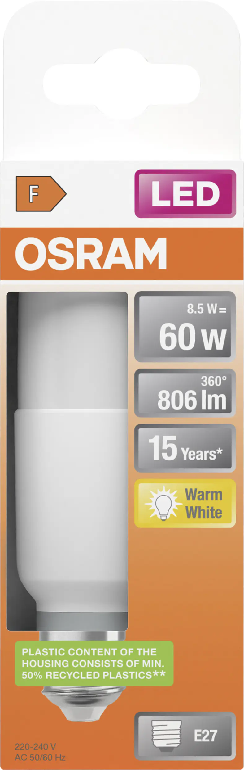 Osram LED Leuchtmittel Star Stick 60 E27 8W warmweiß, weiß matt