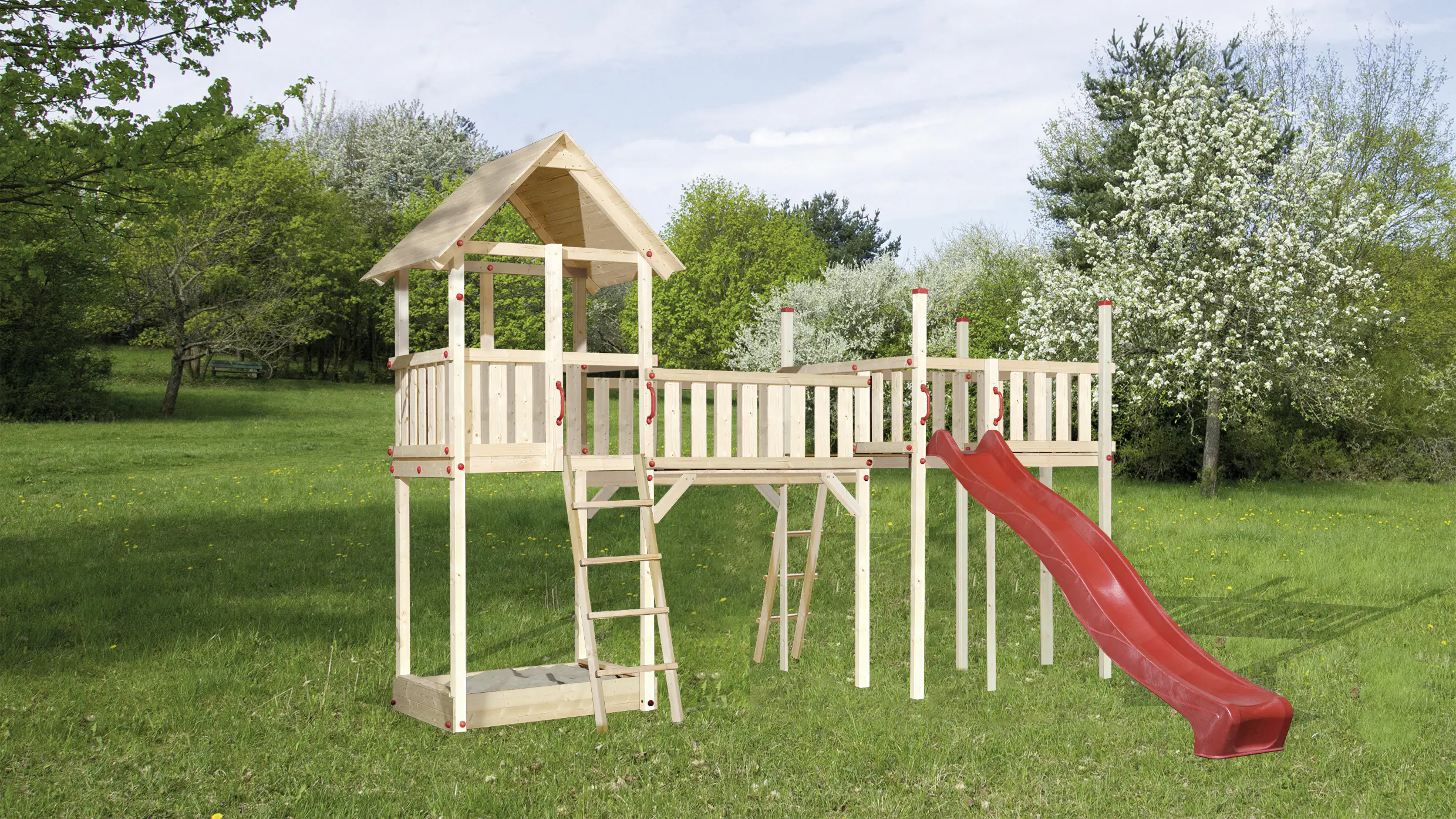 Weka Spiellandschaft 816 450 x 160 cm mit Turm, Brücke, Sandkasten, Rutsche