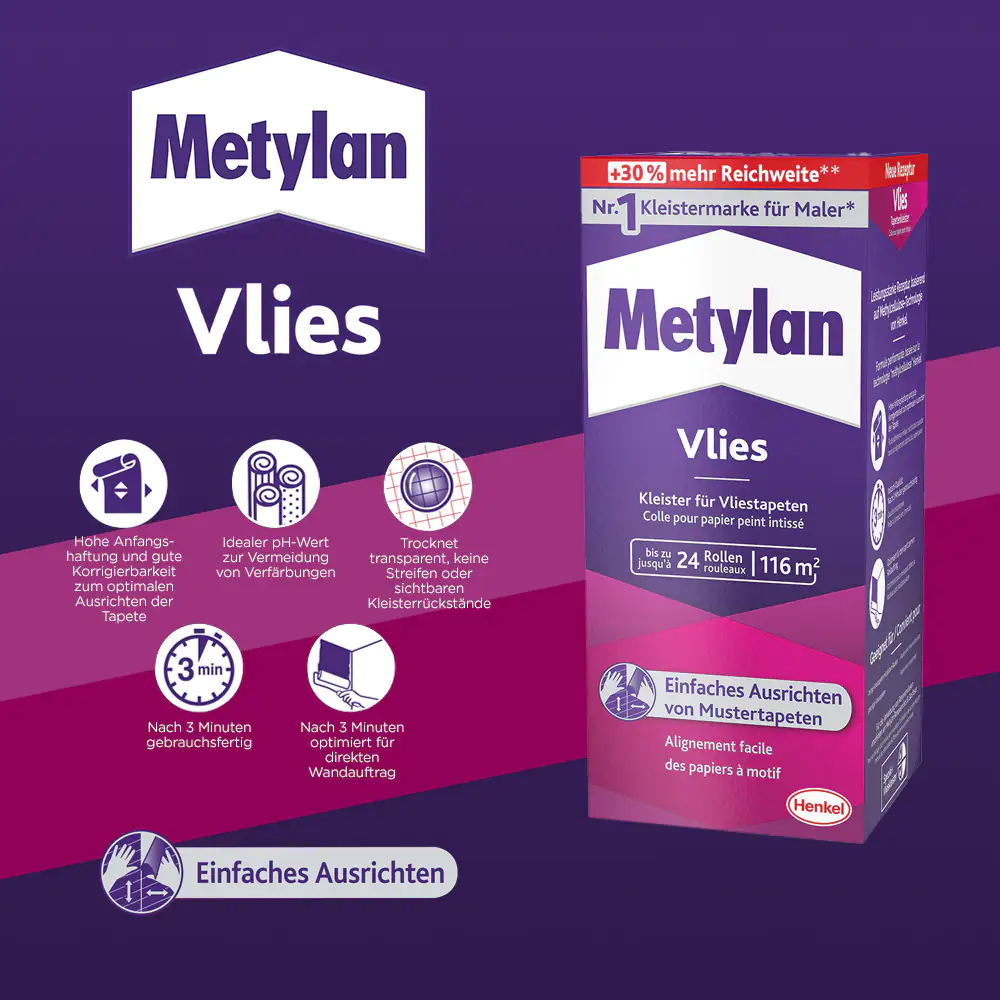 Metylan Vlies Tapetenkleister 720 g Paket, trocknet transparent