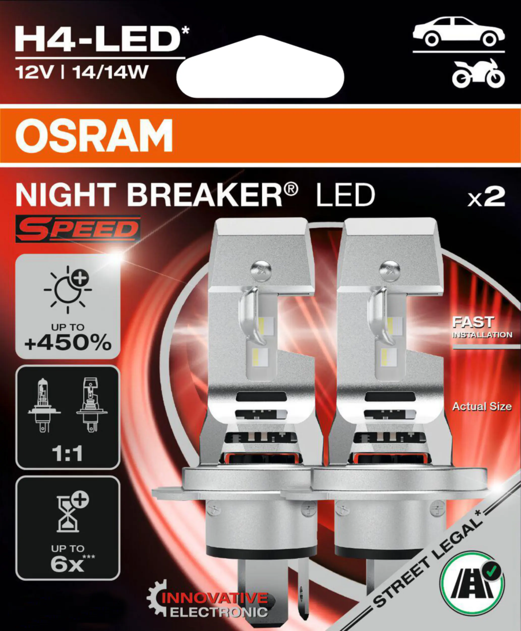 Osram Scheinwerferlampe H4 Night Breaker LED Speed 450 2 Stück