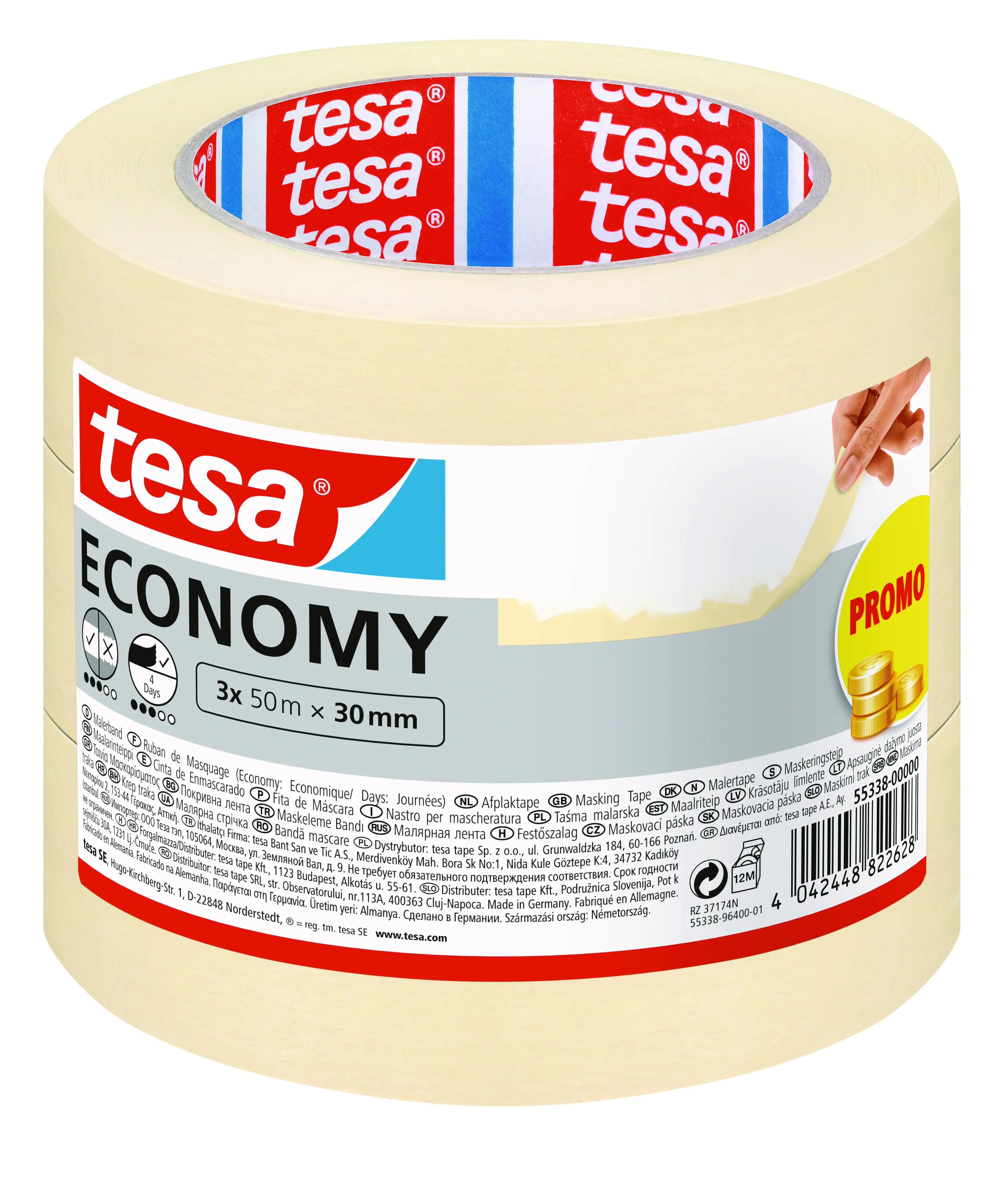 tesa Kreppband 3er Pack 3 x (50 m x 30 mm), transparent