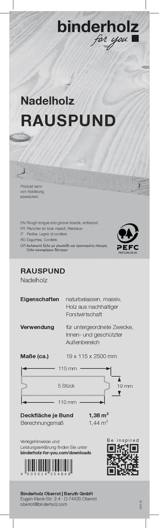 Rauspund Nadelholz Fichte Tanne gehobelt 250 x 11,5 cm 19 mm 5er Pack