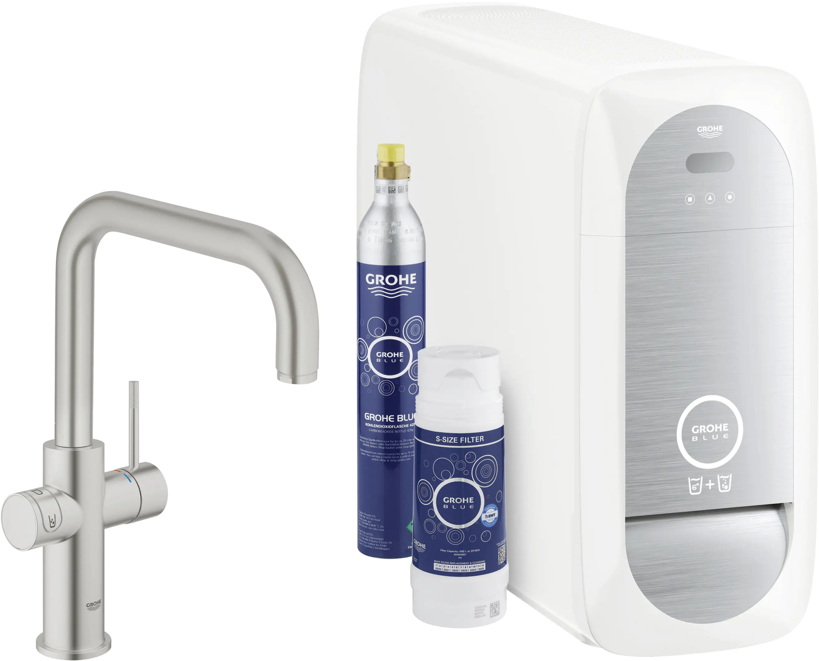 Grohe Küchenarmatur Blue Home mit Küh­lein­heit und Was­ser­fil­ter Super Steel