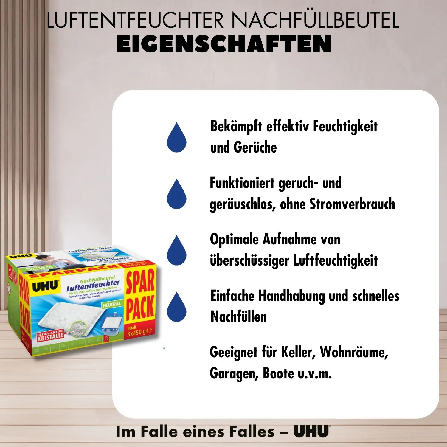 UHU Luftentfeuchter Nachfüllbeutel Sparpack, 3 x 450 g