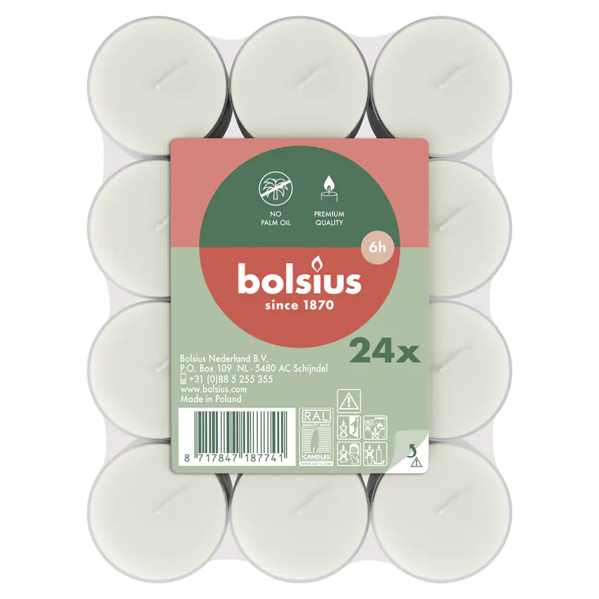 Bolsius Teelichte 24er Flatpack 6 Stunden transparenter Cup weiß