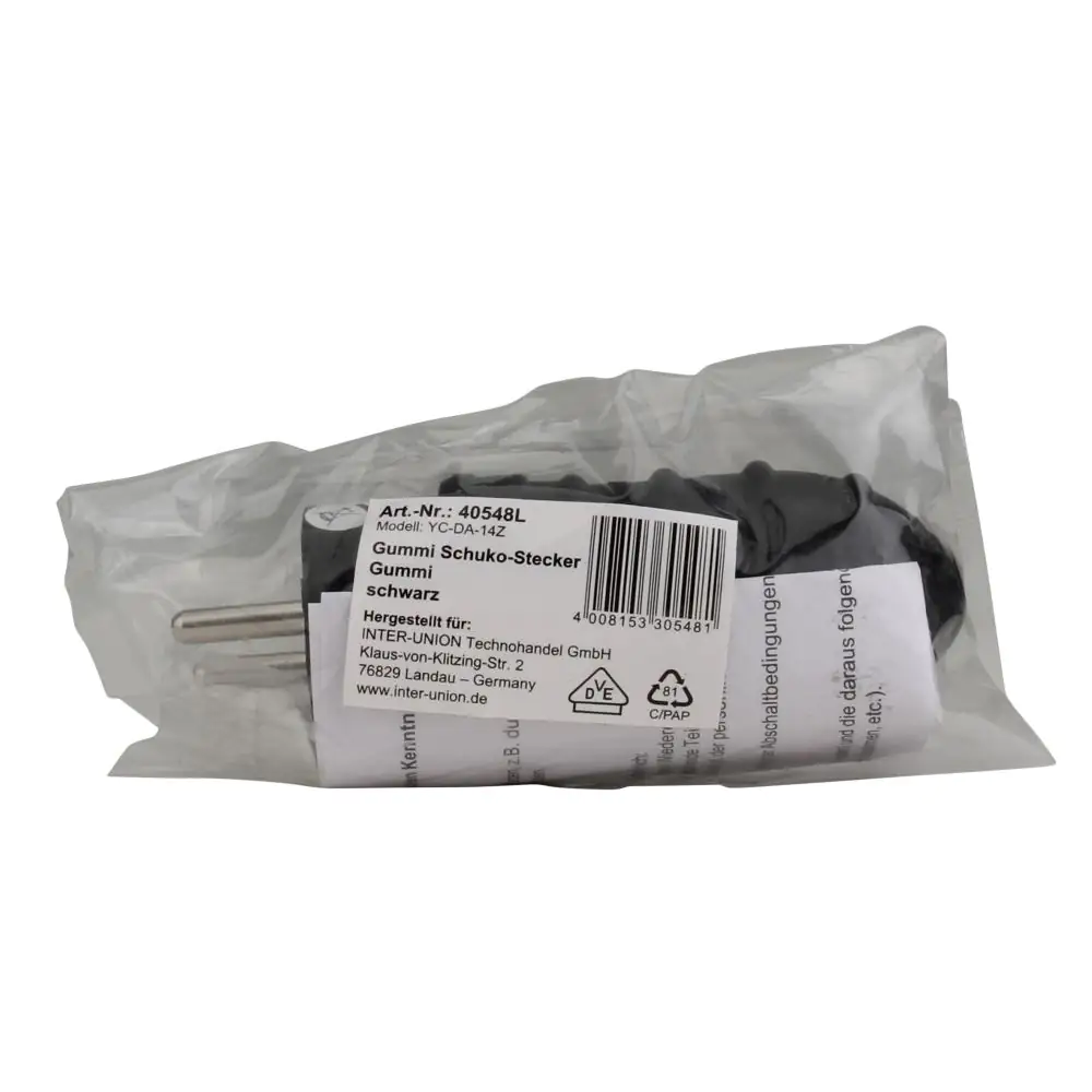 Schutzkontakt-Stecker Gummi PVC-Ein IP44, mit Knickschutz, schwarz