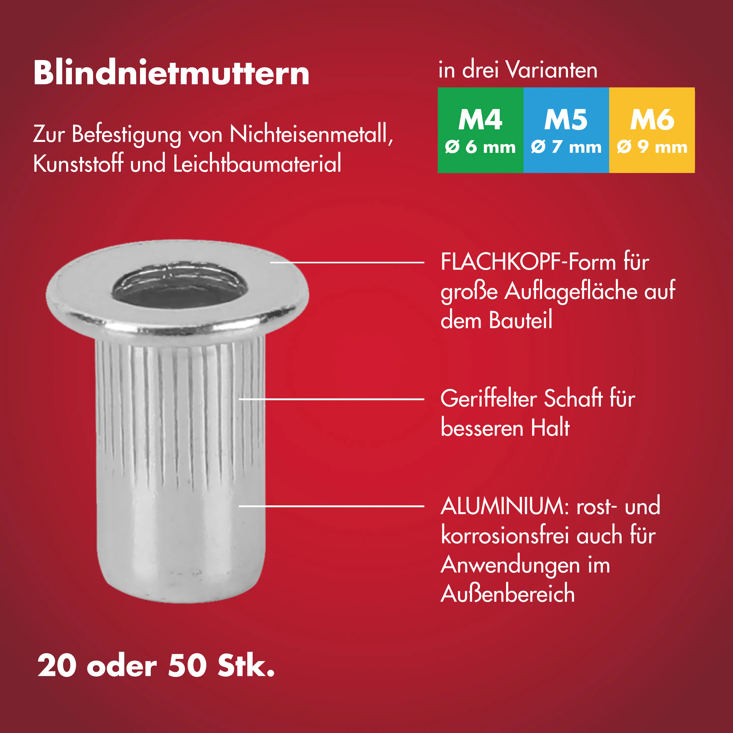 Arrow Blindnietmutter Typ M4 Ø 6 x 10,5 mm mit M4 Gewinde Aluminium 50 Stück