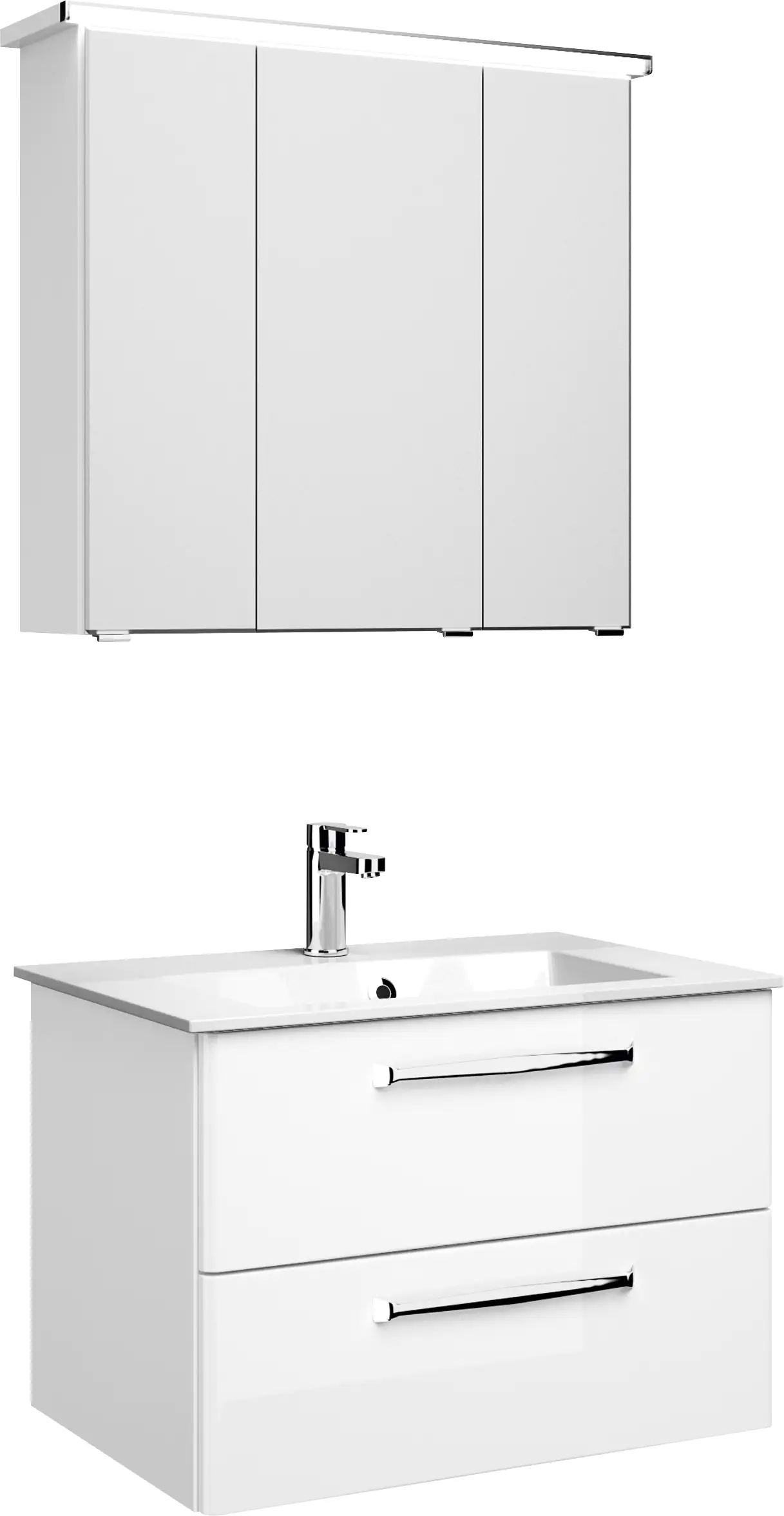 Pelipal Badmöbel-Set Trentino Weiß Hgl/Weiß Glanz mit Mineralmarmor-Waschtisch + LED-Profil 77 cm