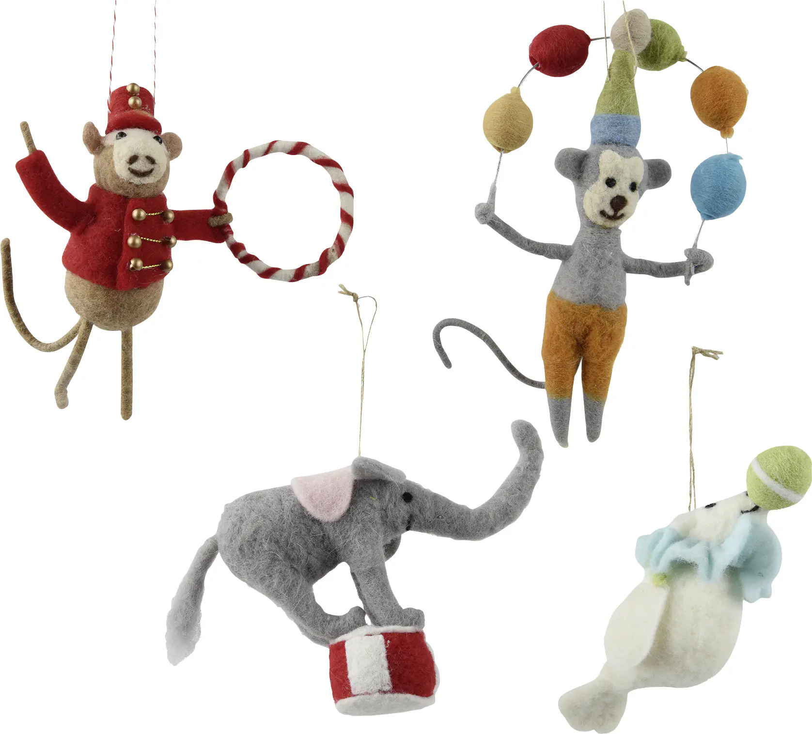 Decoris Weihnachtsanhänger aus Wolle Zirkustiere 17 cm 4-fach sortiert